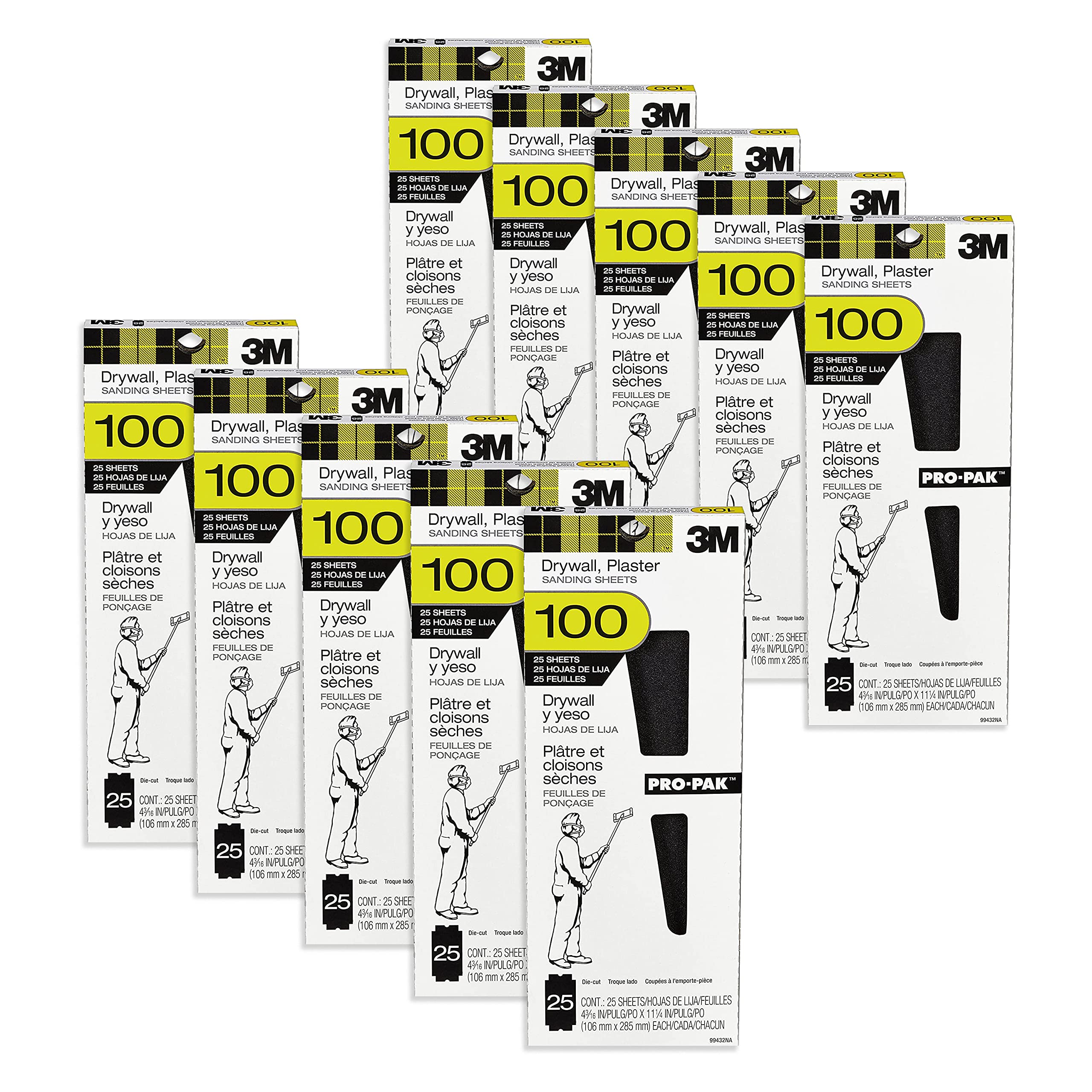 3M Pro-Pak - Hojas de lija para yeso (10,6 x 28,6 cm, grano 100, 25 unidades, 250 en total (99432NA)