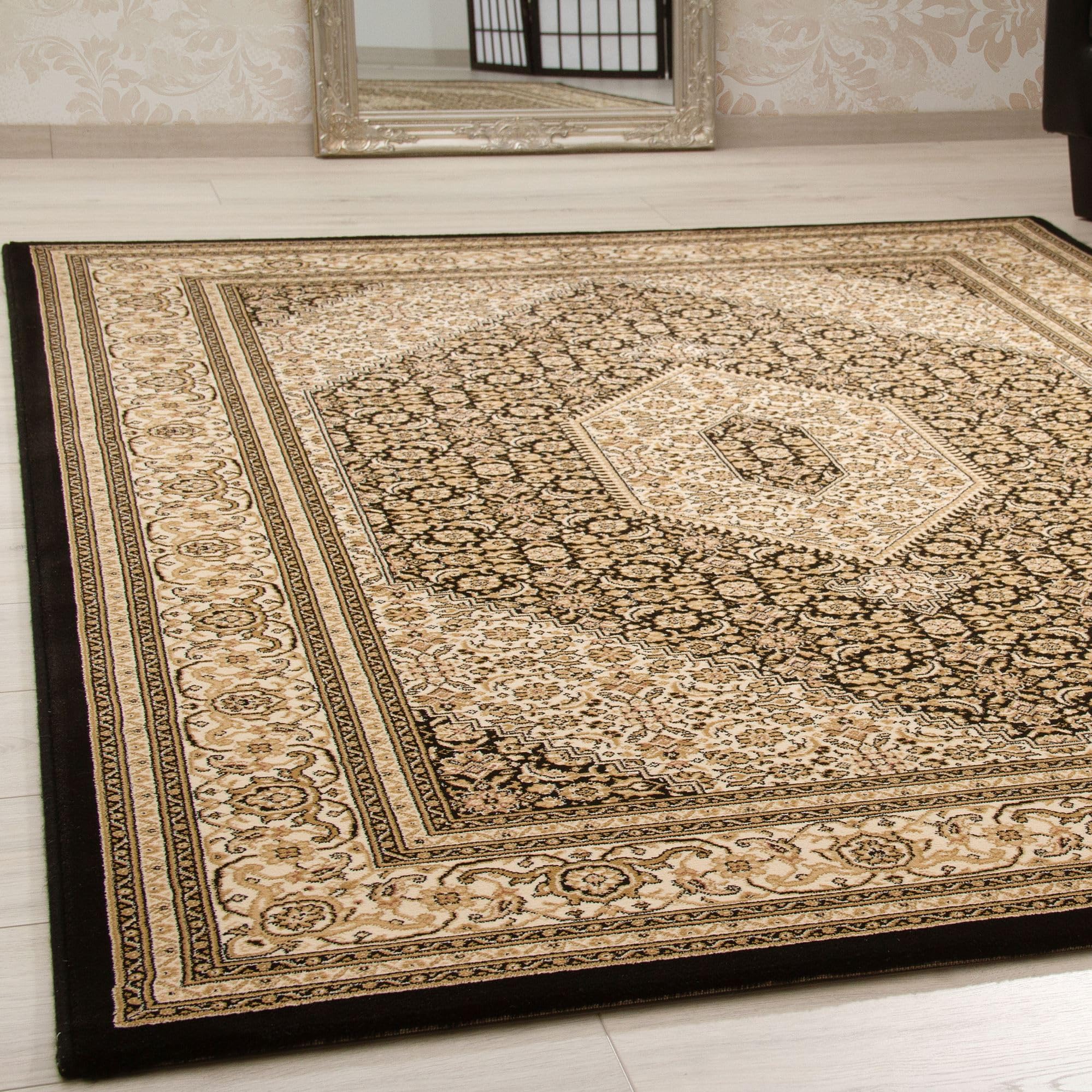 Steffensmeier Wohnzimmerteppich Classical Quality | Wohnzimmer | Beste Qualität | Orientalisch | Creme Schwarz Bidjar, Größe: 80x150 cm