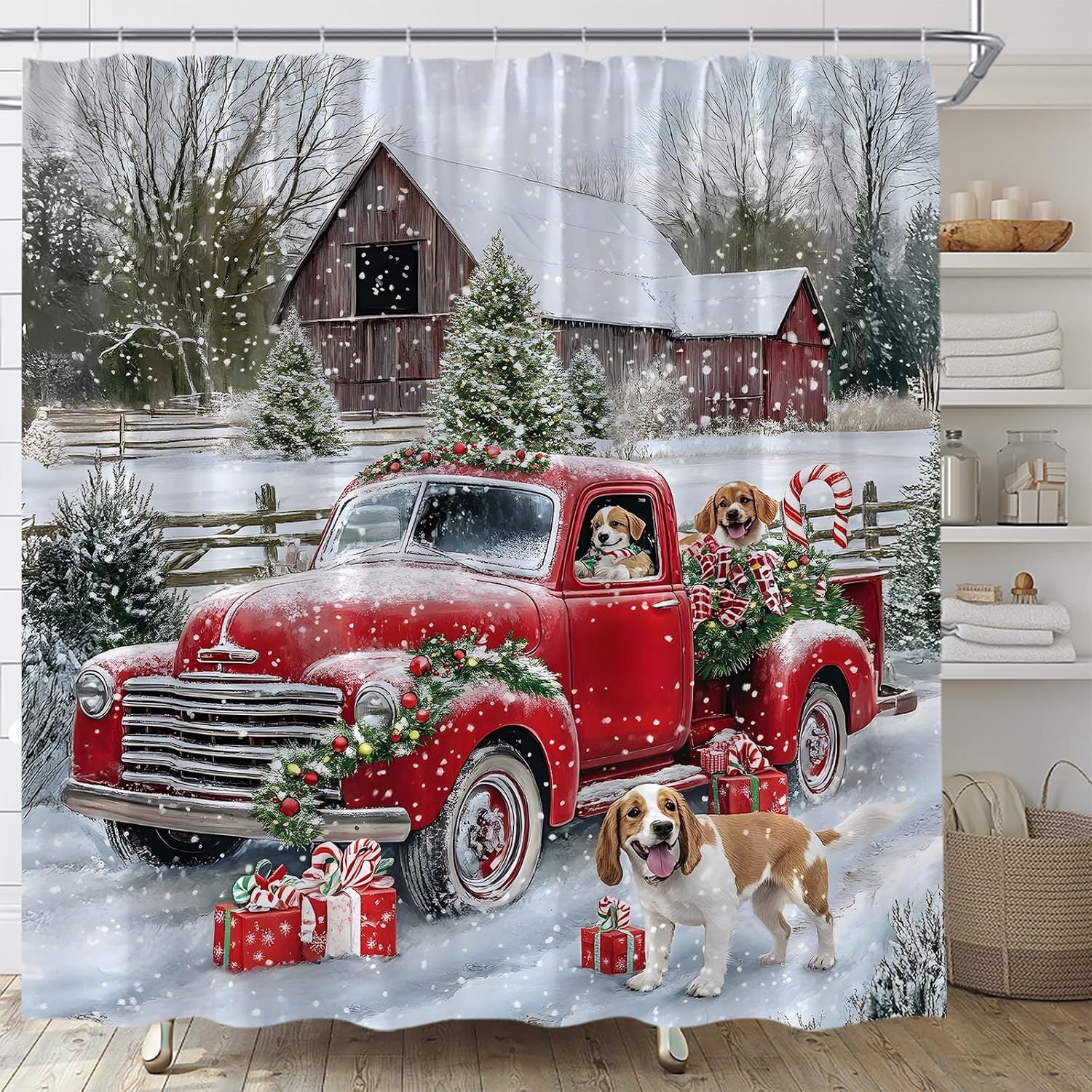 Christmas Red Truck Shower Curtain Cute Dogs Rustic Barn Trees Winter Snow Holiday Fabric Bathroom Home Decor with Hooks(70" Wx84 H)