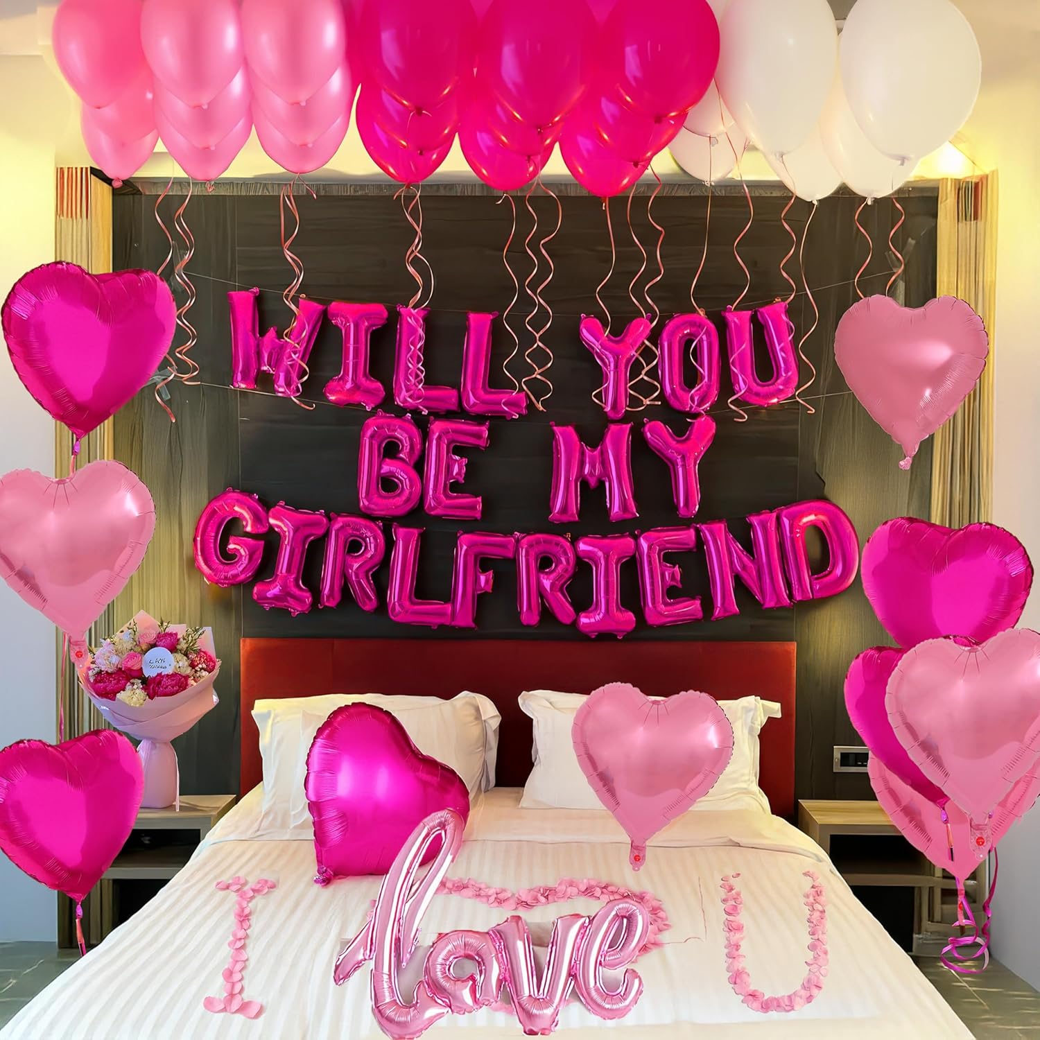 Will You Be My Girlfriend Balloons 60pcs pink hot pink and white balloon kit Include 18 Inch Heart Shaped Balloons and 1000 Pink Artificial Rose Petals Romantic Decoration Kit for Valentines Party