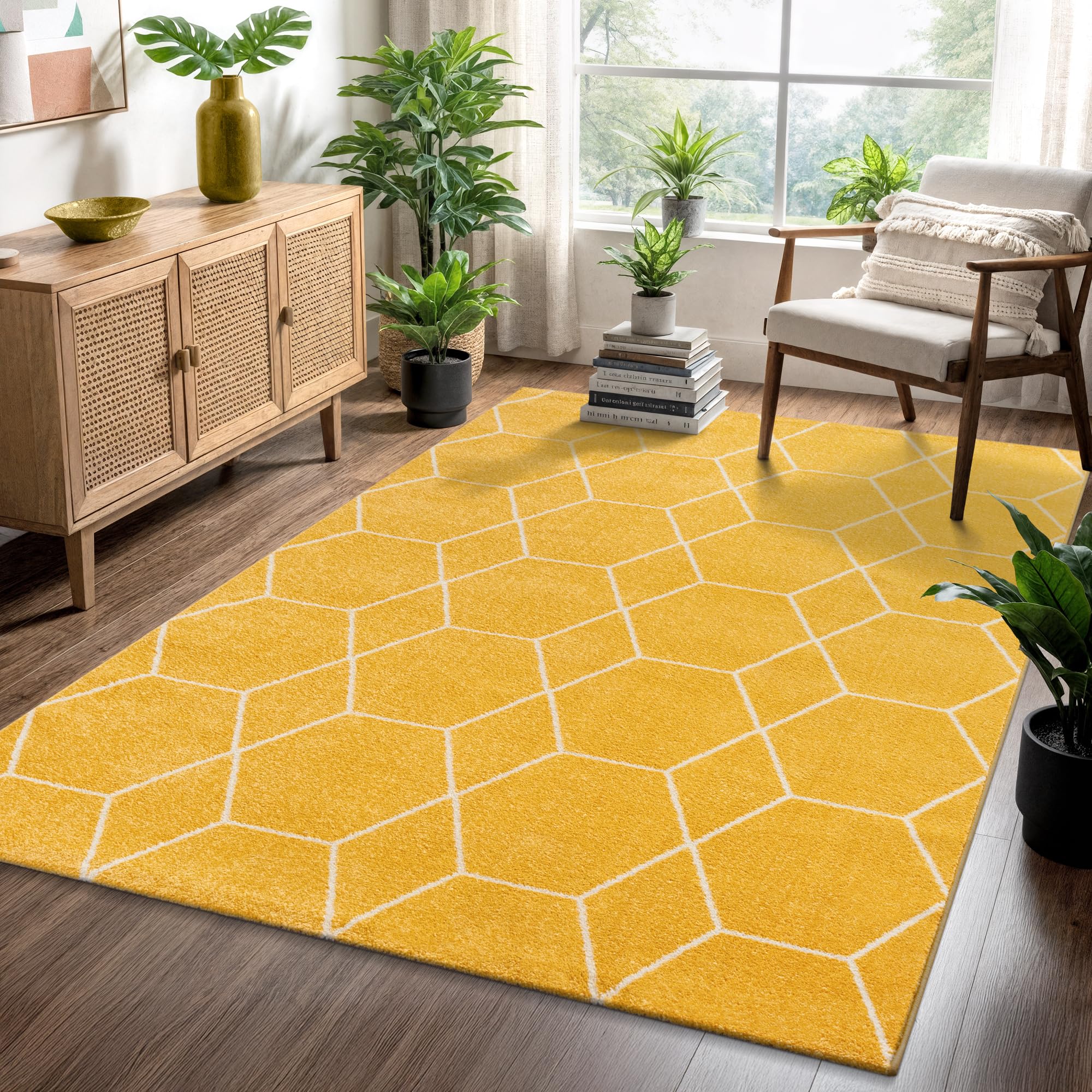 SANAT Wohnzimmerteppich – Pflegeleicht, für jeden Raum geeignet – Öko-Tex zertifizierter Flächenteppich – Trellis Muster, Gelb, 160 x 230 cm