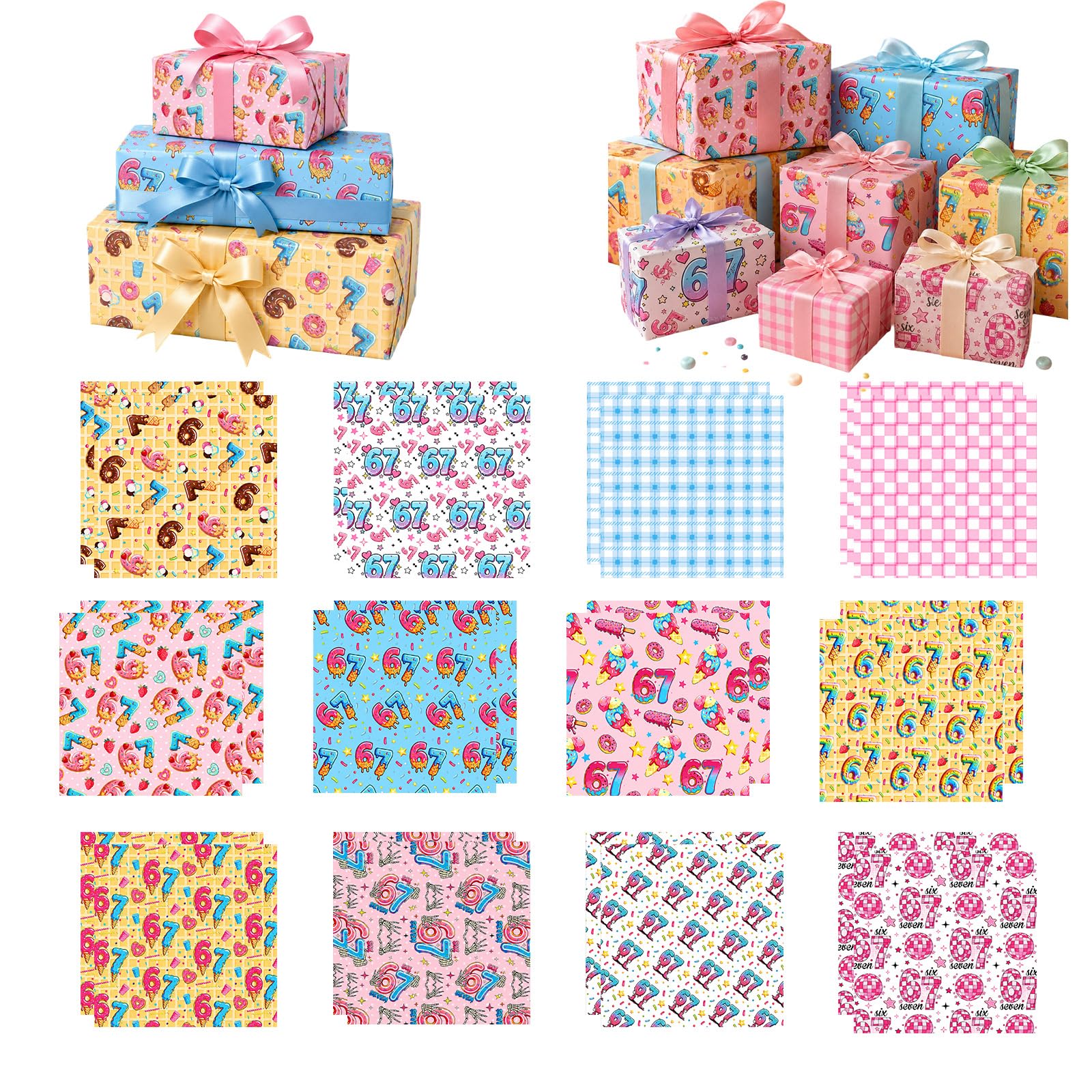 24 Sheets 67 Birthday Gift Wrapping Paper, 6 7 Ice Cream Theme Background Paper, 12 Designs Happy Birthday Wrapping Paper for Kids, 6 7 Birthday Decorations, 30x30cm