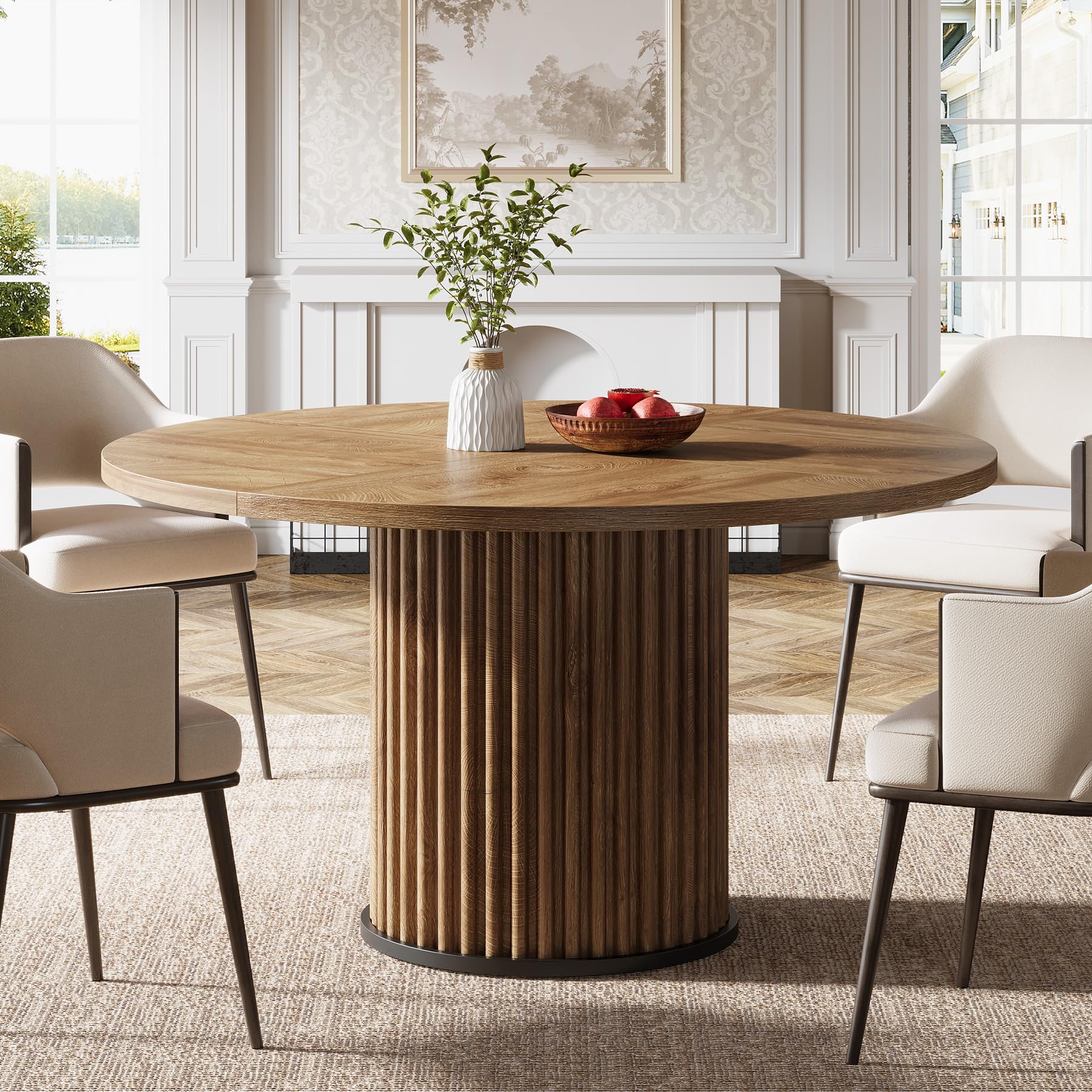 Tribesigns Tavolo da pranzo rotondo, 120 cm, marrone per 4 persone, tavolo da pranzo con robusta struttura in metallo, arredamento moderno