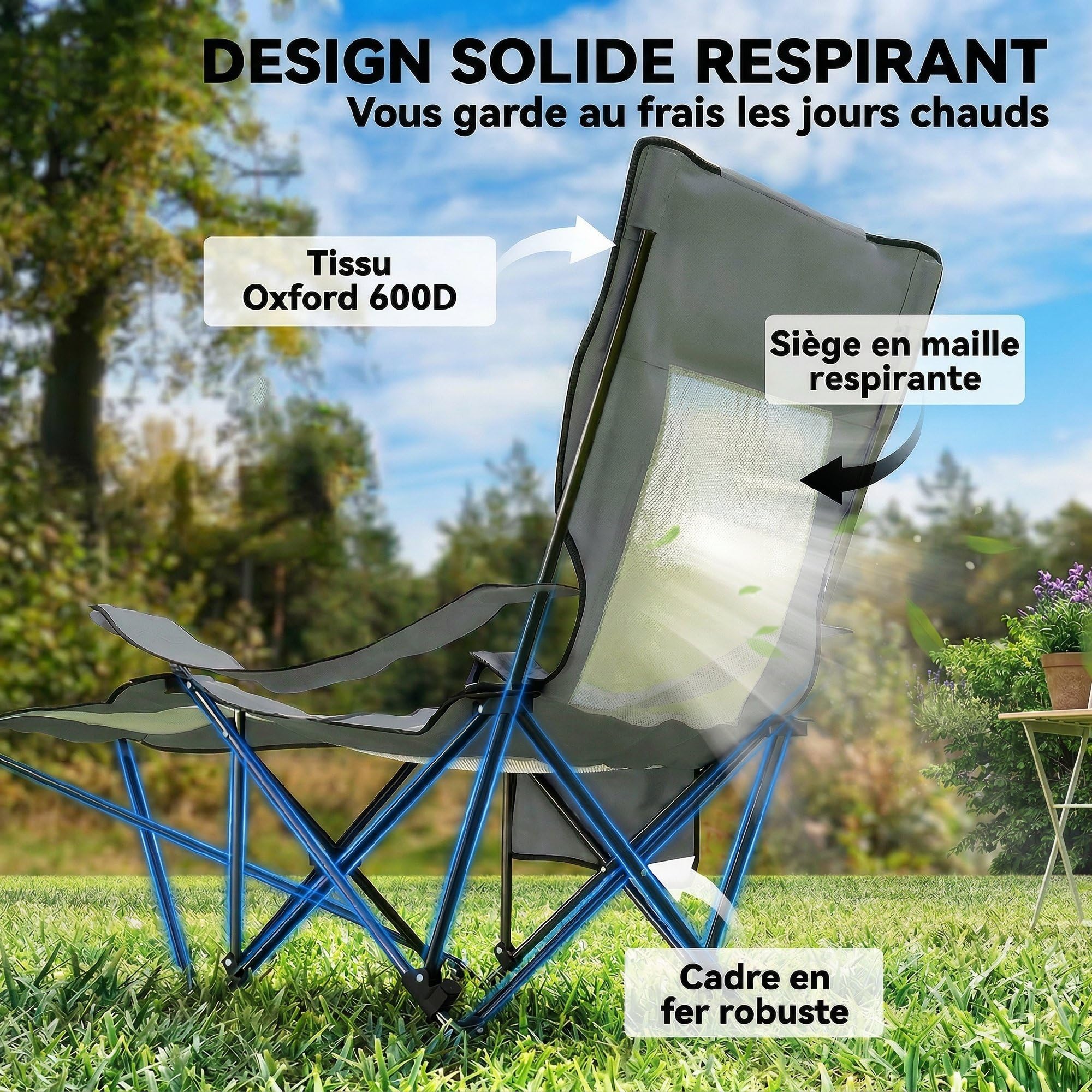 Outsunny Lot de 2 Chaises de Camping Pliantes Inclinables 4 Positions Gris | Repose-Pieds Amovible, Sac de Rangement, Porte-Gobelet, Poche Latérale, Appui-Tête