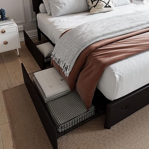 Miniatura 5 de SHA CERLIN Base de cama tapizada tamaño King con 4 cajones cabecera ajustable con diseño de botón de diamante de piel sintética soporte de listones