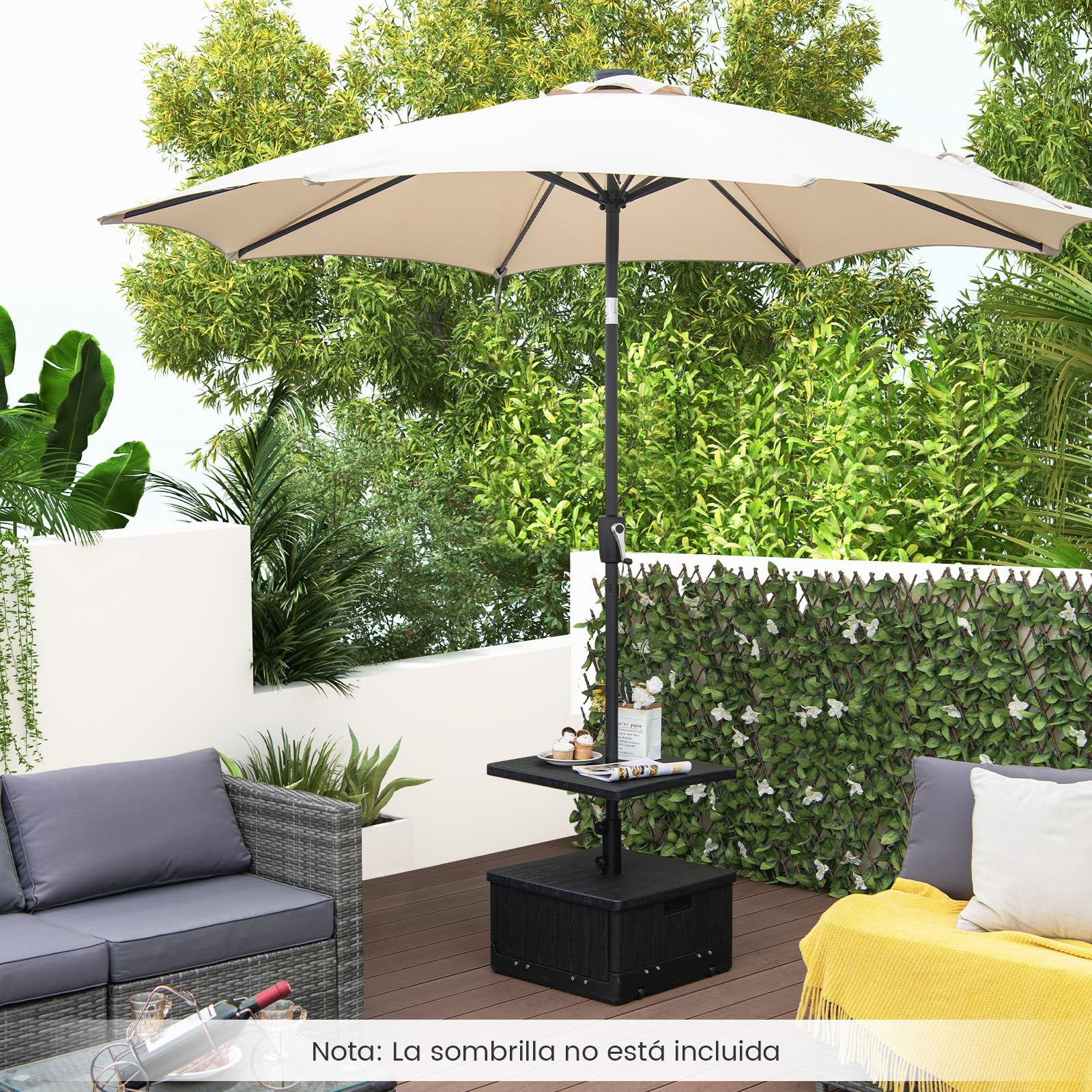 COSTWAY Base Sombrilla con Ruedas, Bandeja De Mesa, Soporte Sombrilla Terraza Exterior Apto para Postes de 38mm 48 mm, 3 en 1 Pie Sombrilla Rellenable de Agua 45L, Arena 67kg, Jardin Patio (Negro)