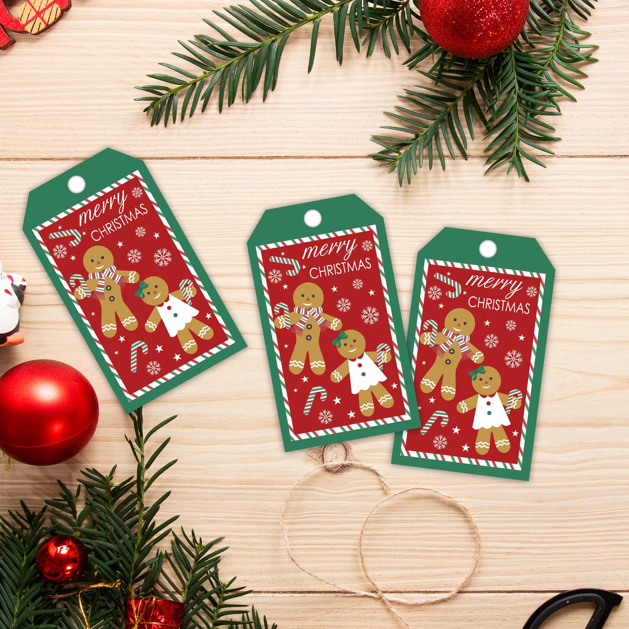 Frohe Weihnachts-Geschenk-Etiketten mit Schnur, 5,1 x 8,9 cm, Weihnachts-Schneeflocken-Papieranhänger, Lebkuchenmann-Geschenkanhänger, Urlaubsverpackung, Partyzubehör, Zuckerstangen-Druck, C01
