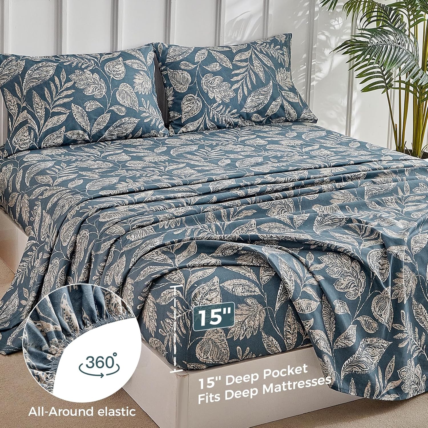 Tokokimo Paisley Sheets Set King Size, 15 inches Deep Pocket Fitted Sheet, Flat Sheet & Envelope Closure Pillowcases, Soft Breathable Microfiber Sheet Set 4-Piece, Blue Leaf Floral