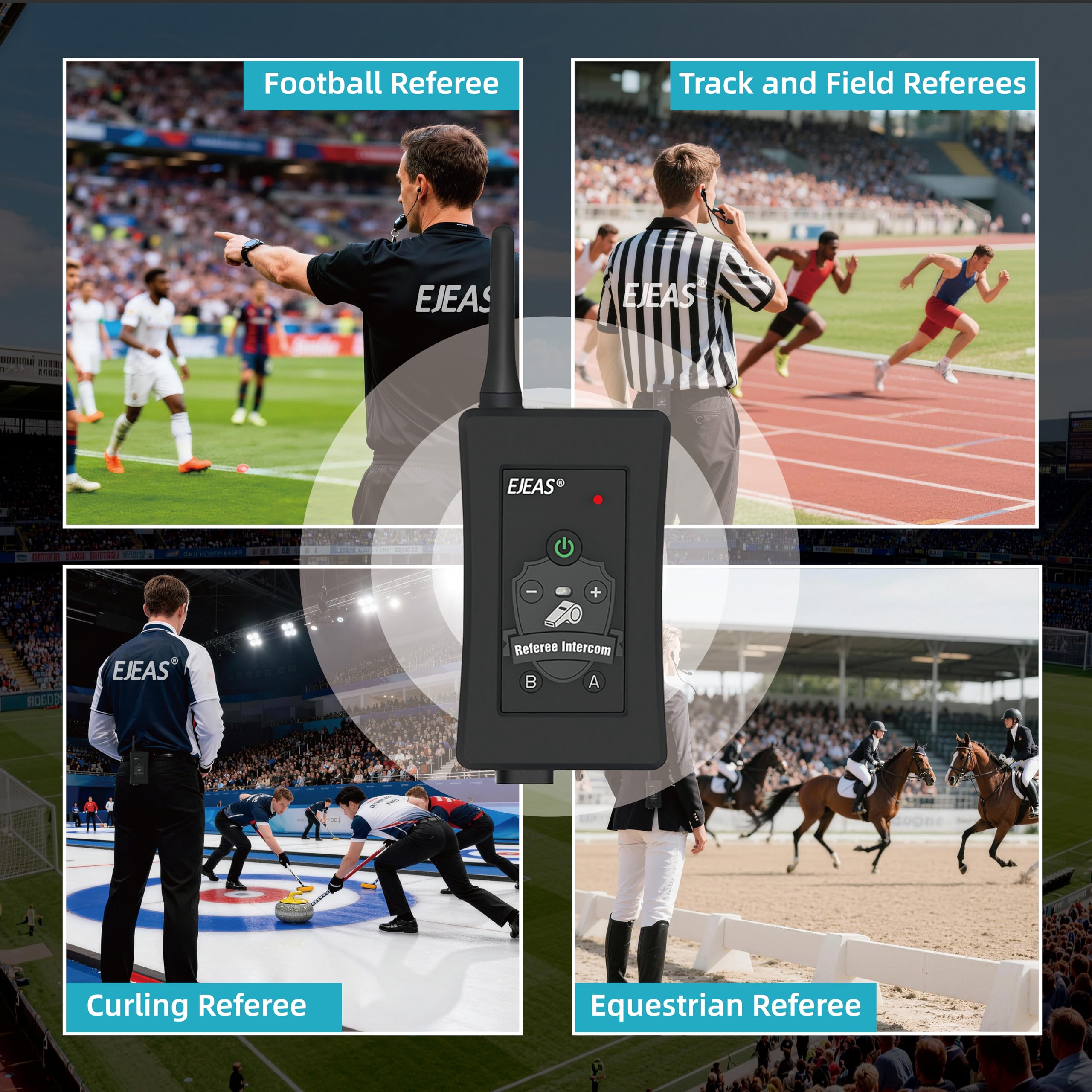 EJEAS FBIM Professionelles Fußball Schiedsrichter Bluetooth Intercom Headset Kommunikationssystem mit CVC-Rauschunterdrückung und Box Handtasche für 4 Schiedsrichter Intercom (4 Packung)