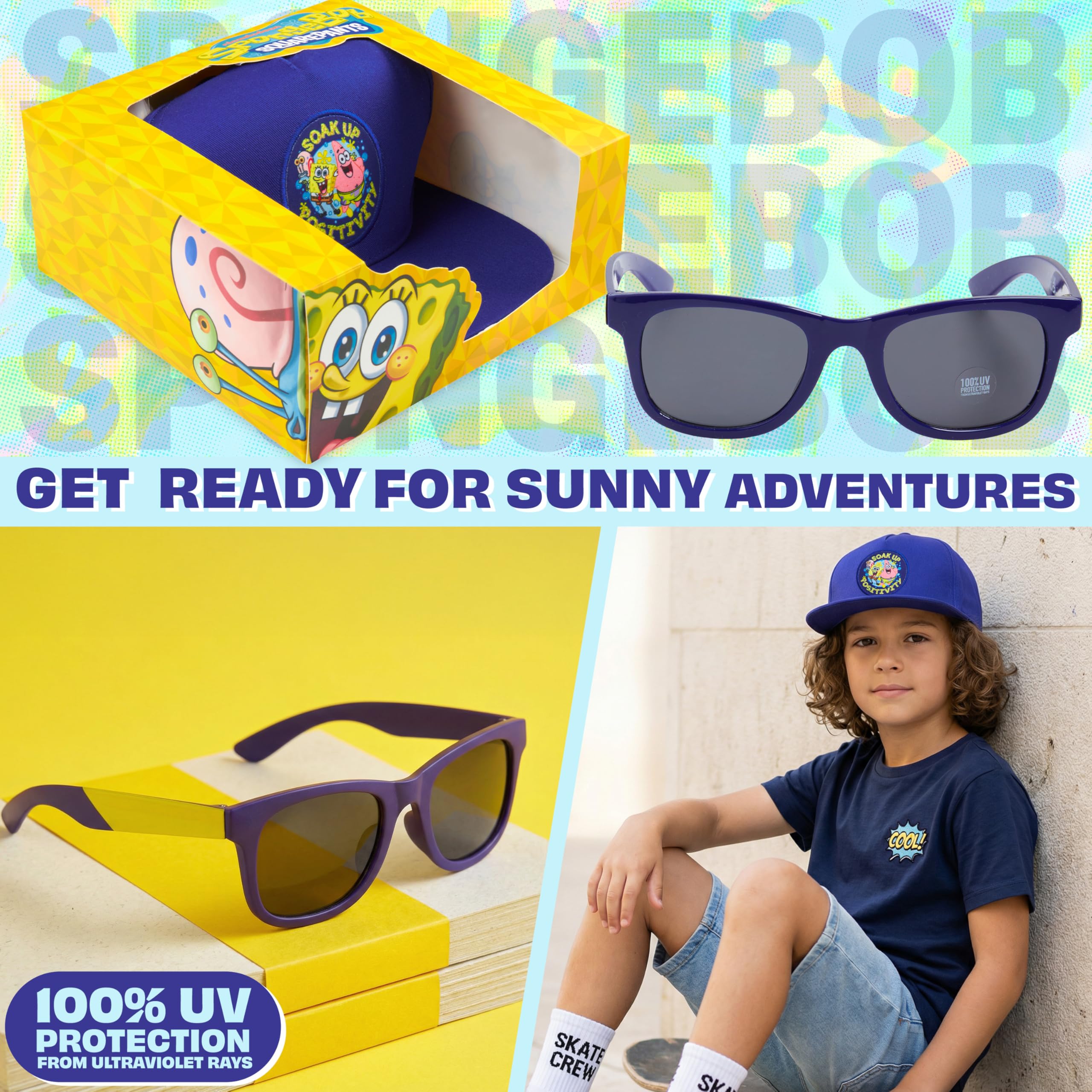 Spongebob Squarepants Cappello Baseball Occhiali da Sole Bambino Set Protezione UV 100% Blu