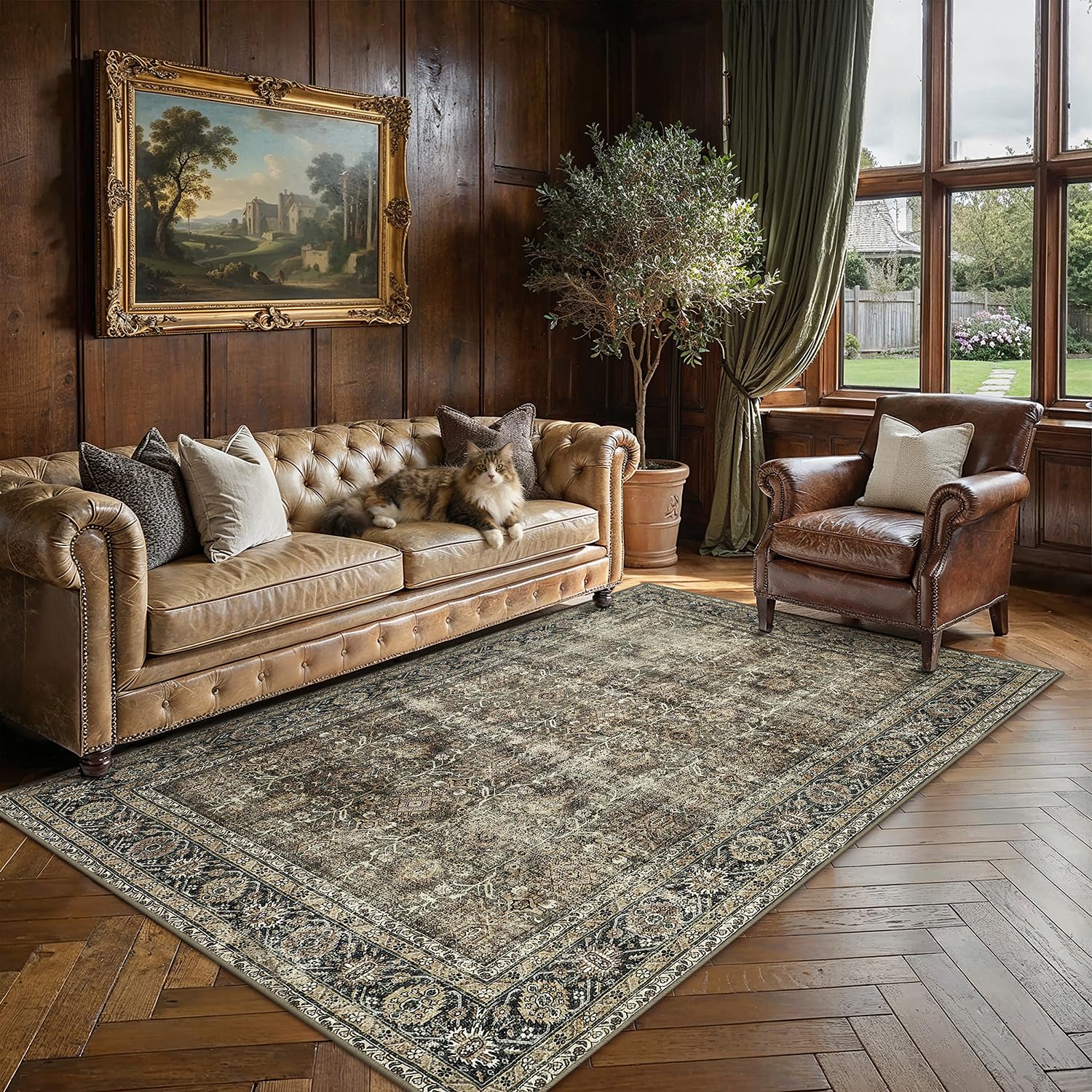 PureCozy Vintage Area Rug 5x7 Brown Soft Washable Living Room Large Carpet Non Slip Bedroom Indoor Office Thicker Traditional Distressed Retro Accent Rug for Dining Room Bathroom Kitchen — image 1