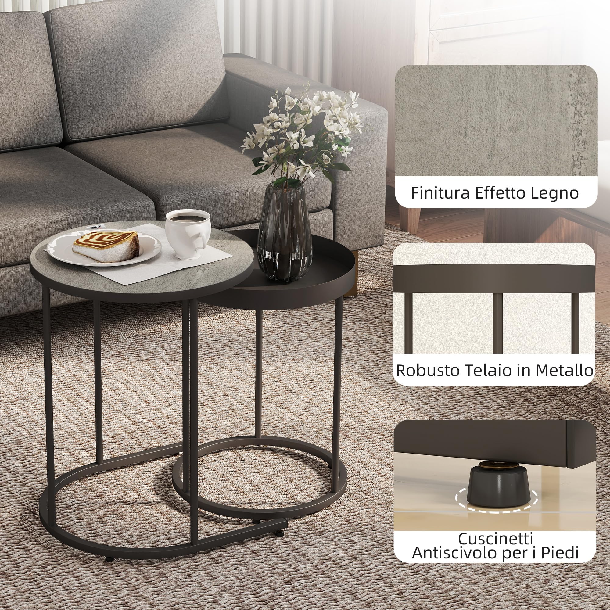 HOMCOM Set 2 Tavolini da Salotto Impilabili in Stile Industriale con Bordo Rialzato, Tavolini Rotondi in MDF e Metallo, per Soggiorno, Camera da Letto, Ufficio, Grigio e Nero