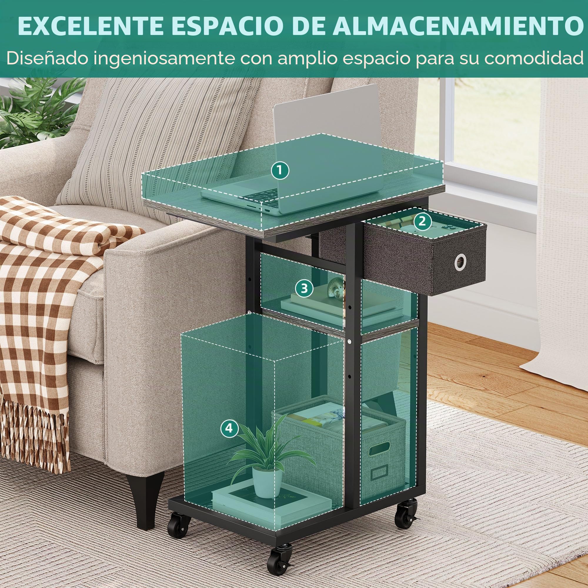 YITAHOME Mesa Auxiliar en Forma de C, Mesa Auxiliar para Sofá con Cacharro y Ruedas, Mesa de Café para Computadora Portátil,para Sala de Estar, Dormitorio，Gris
