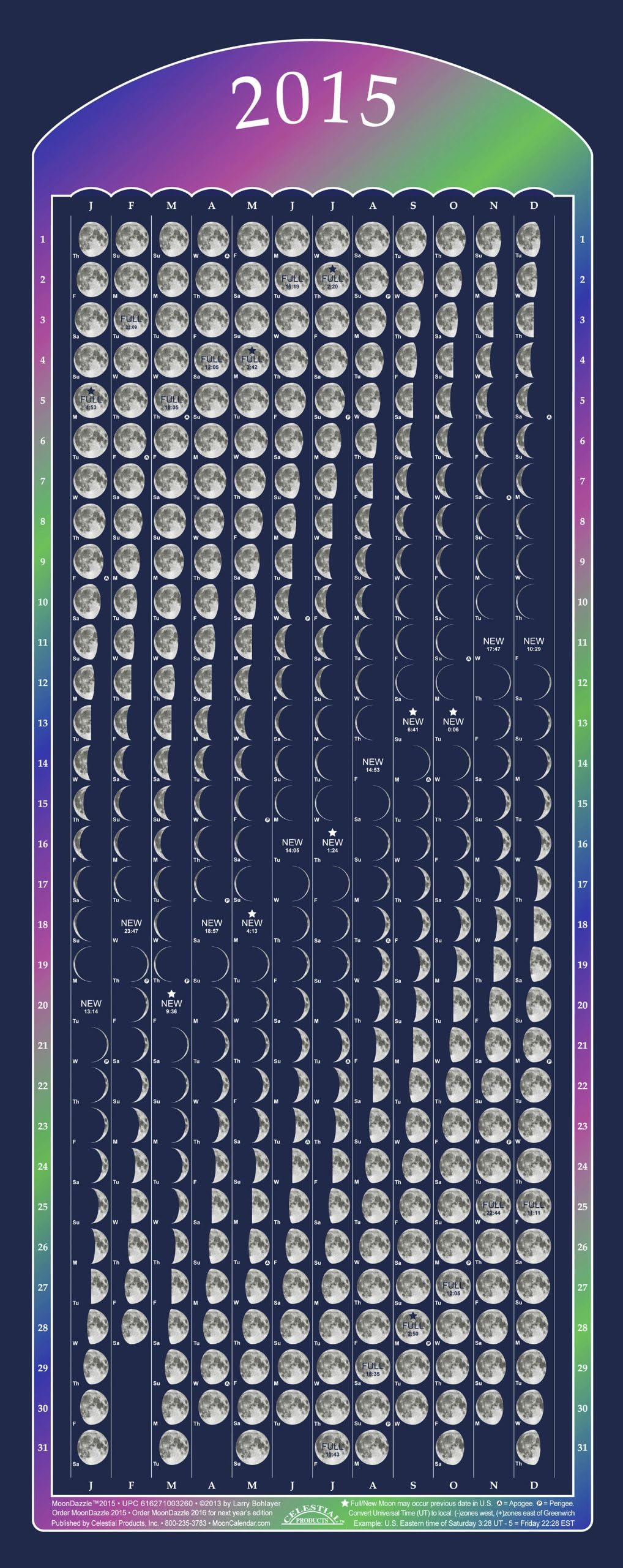Celestial Products Lunar Calendar 2015, MoonPhases, MoonDazzle