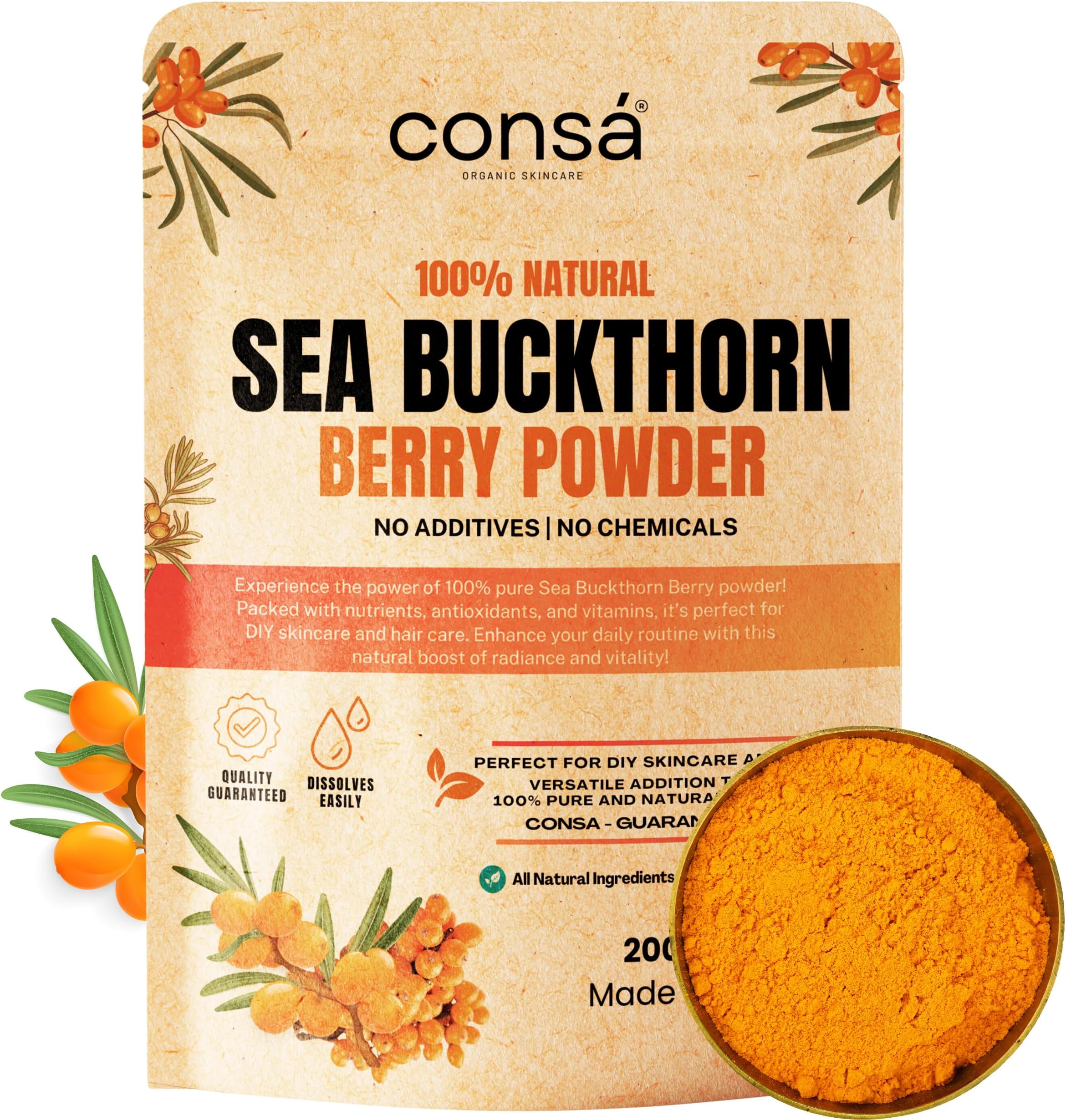 Organic Sea Buckthorn Berry Powder (200 Gram) - 100% Pure Sea Buckthorn Powder - Source of Various Vitamins & Minerals
