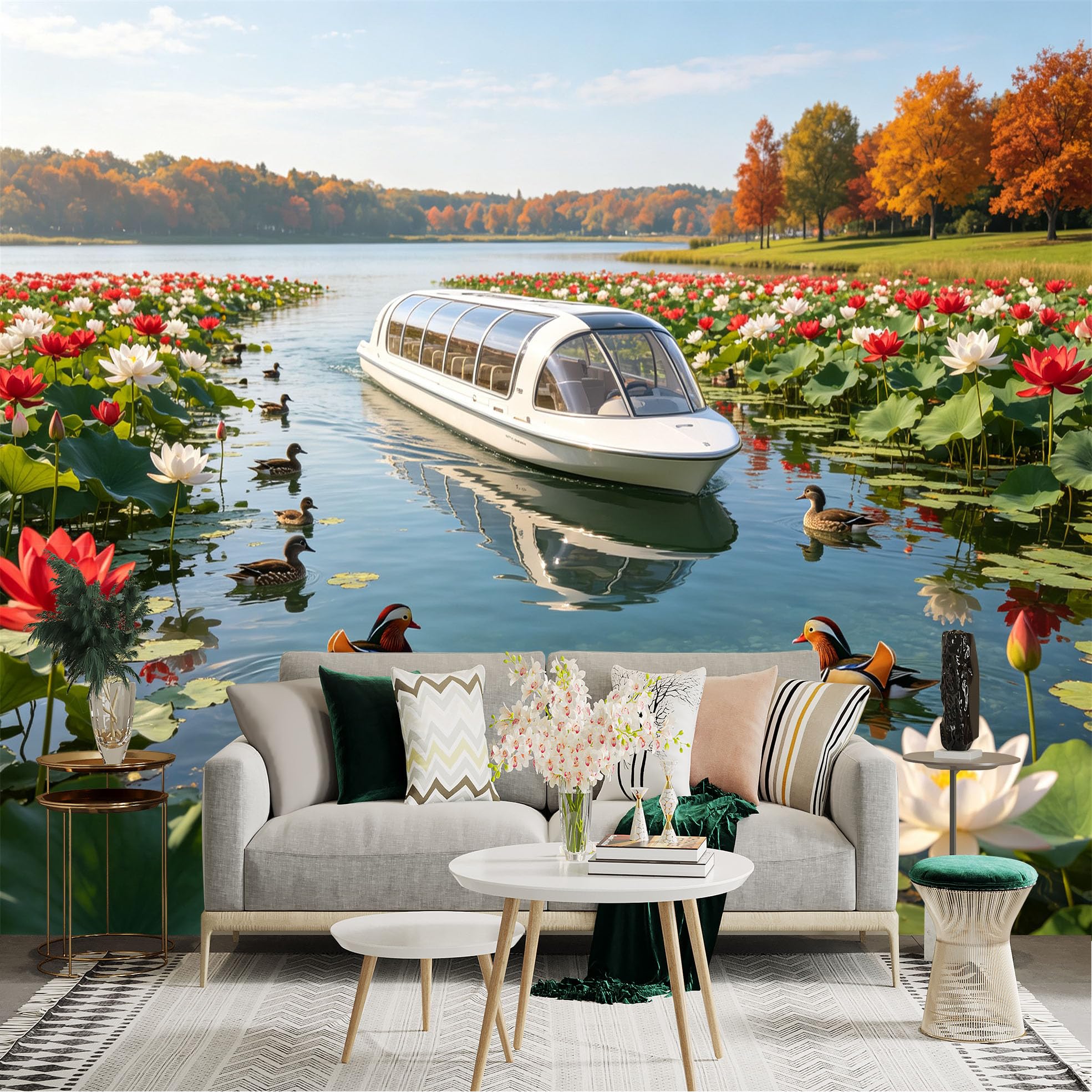 Custom Size Wall Sticker Mural， Modern Cruise Ship on Lake， Blooming Lotus Flowers and Colorful Ducks， for wall Decoration， peelandstick wall Decals.