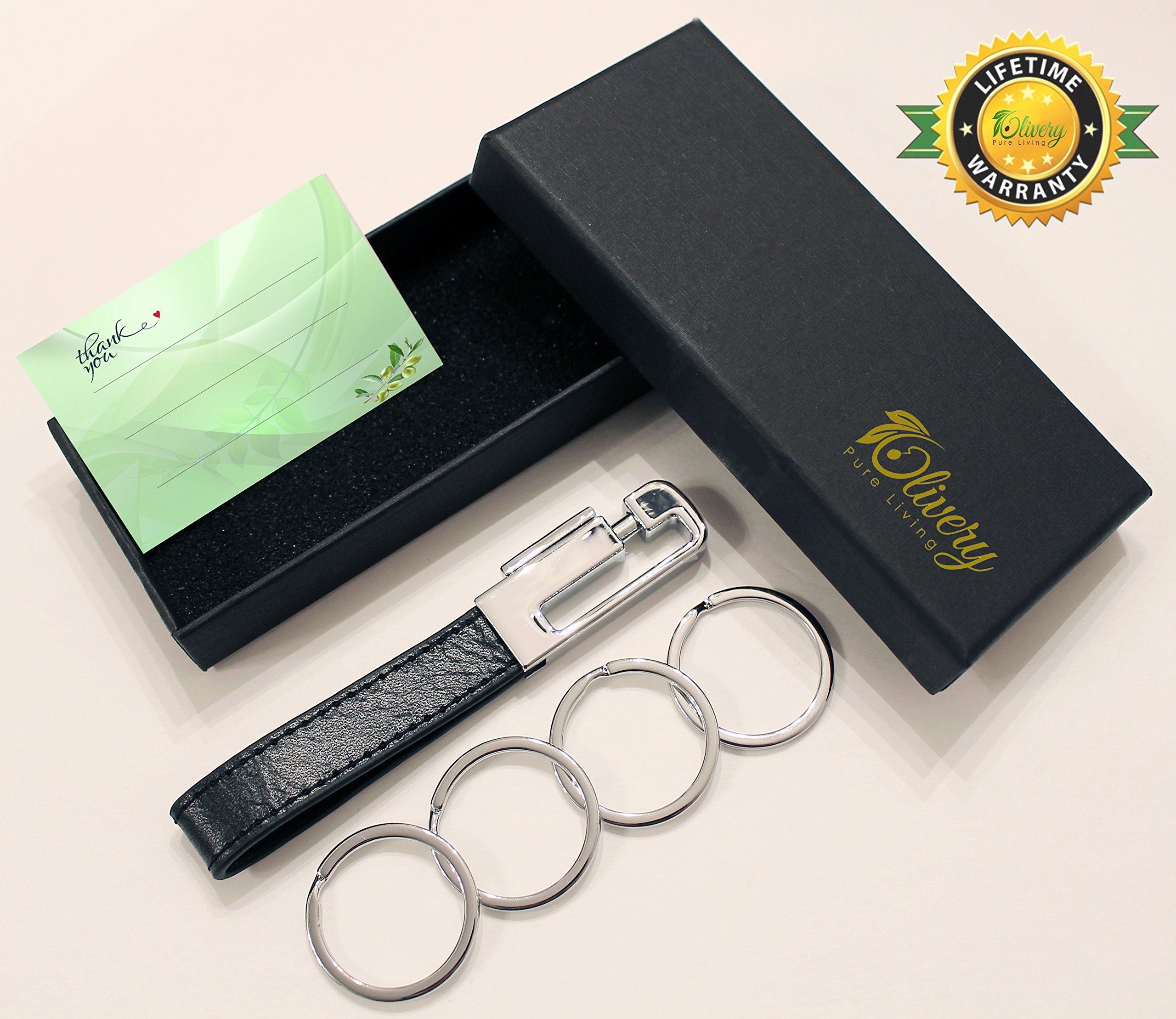 Olivery Leather Valet Key Chain with 4 Detachable Key Rings, Black