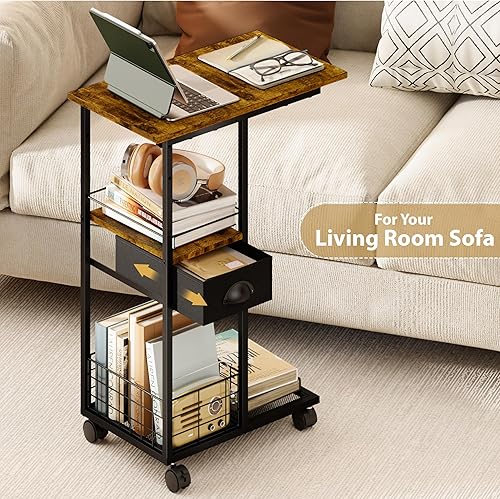 Miniatura 9 de Mesa auxiliar de sofá en forma de C con ruedas, mesa de centro pequeña con cajón, mesa de bandeja de TV portátil para sofá, mesita de noche con