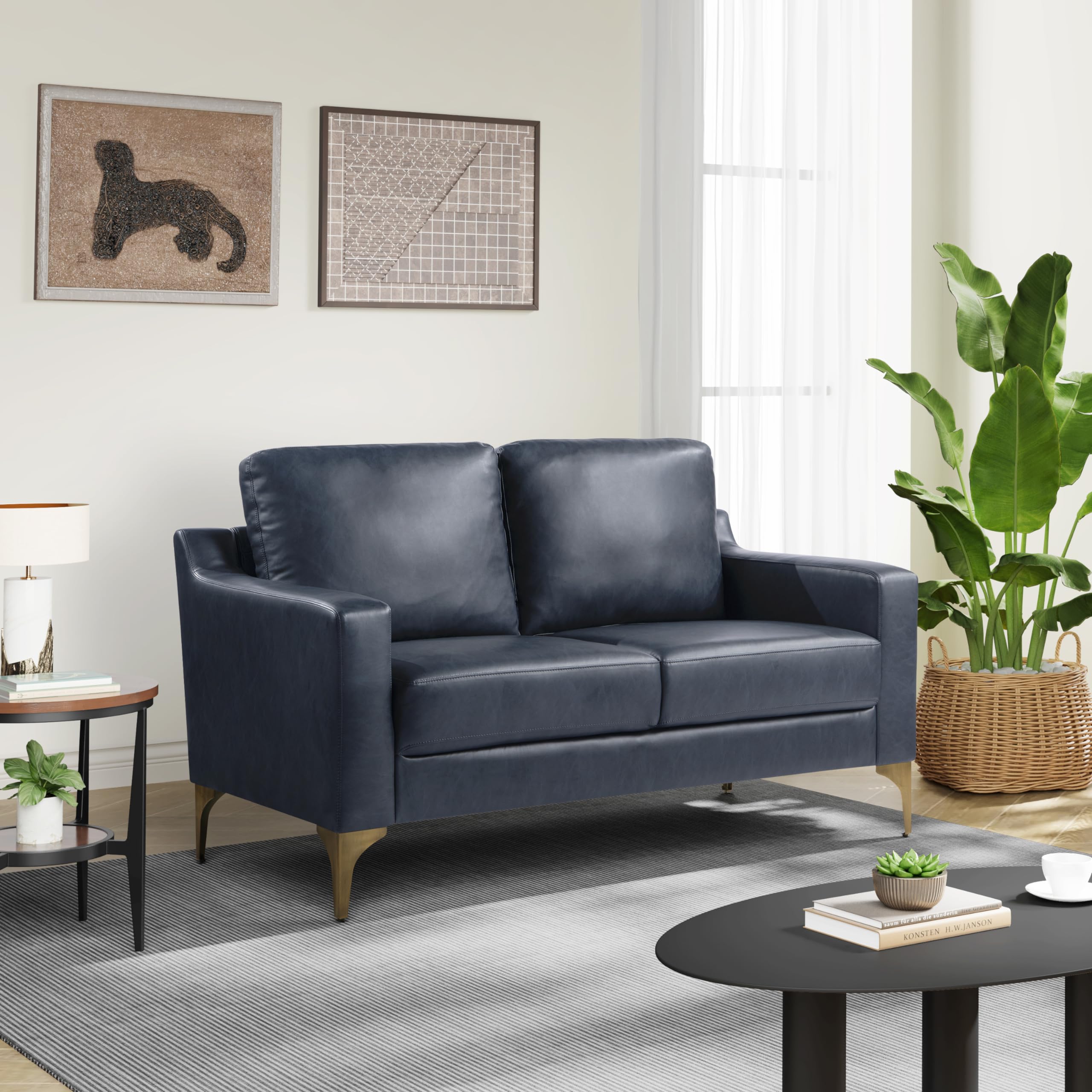 Serta Triton 55.5" Loveseat, Transitional Modern, Dreamcoil Comfort, Metal Legs, Vegan Leather, Navy Blue