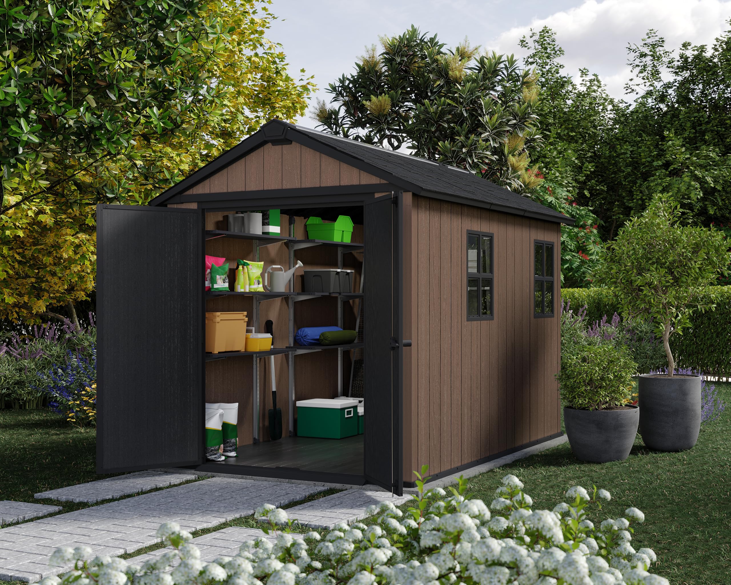Keter Casetta da Giardino Newton 759/975, Effetto Legno Naturale, Porte e Finestre Orientabili, Marrone, 5,2 m², 230x287x246H cm