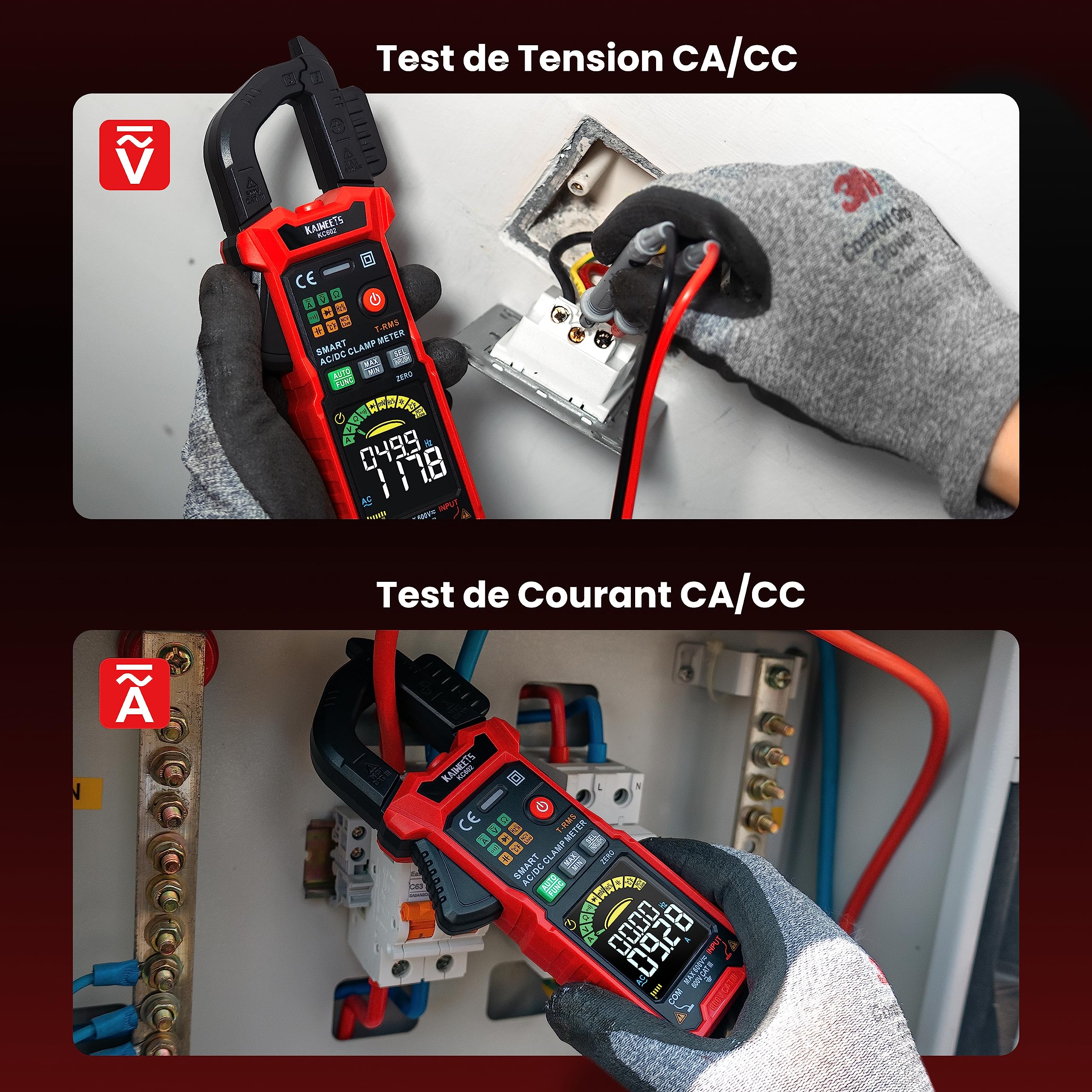 KAIWEETS Pince Ampèremétrique Intelligente T-RMS 6000 Comptes, Multimètre, Ampèremètre à Plage Automatique, Écran Couleur, Mesure Courant CA/CC, Courant d'Appel, Tension, Température, NCV KC602
