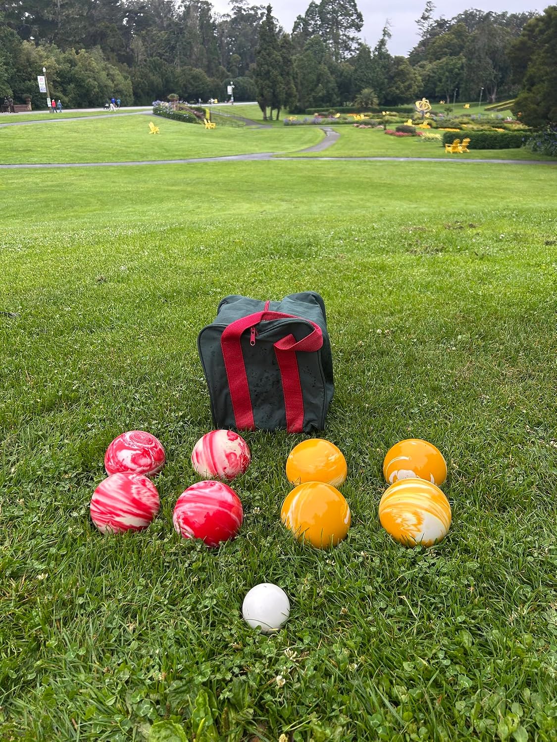 BuyBocceBalls Listing - Made in USA, Premium Quality Official Tournament Bocce Set - 107mm Marble Yellow and Marble Red Balls Nylon Bag; Regulation Size Balls 920 Grams (2 lbs. 1 oz.)