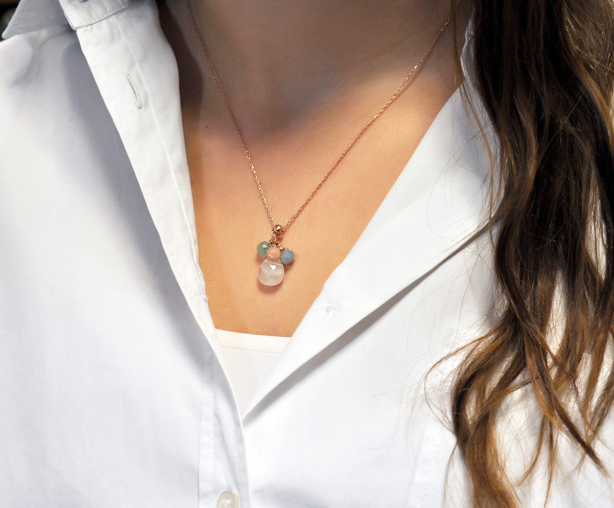 925 Silber - Edelstein-Kette - bunt -roségold - Bergkristall - Sonnenstein - Aventurin - Aquamarin - Geschenk - Geburtstag - Weihnachten
