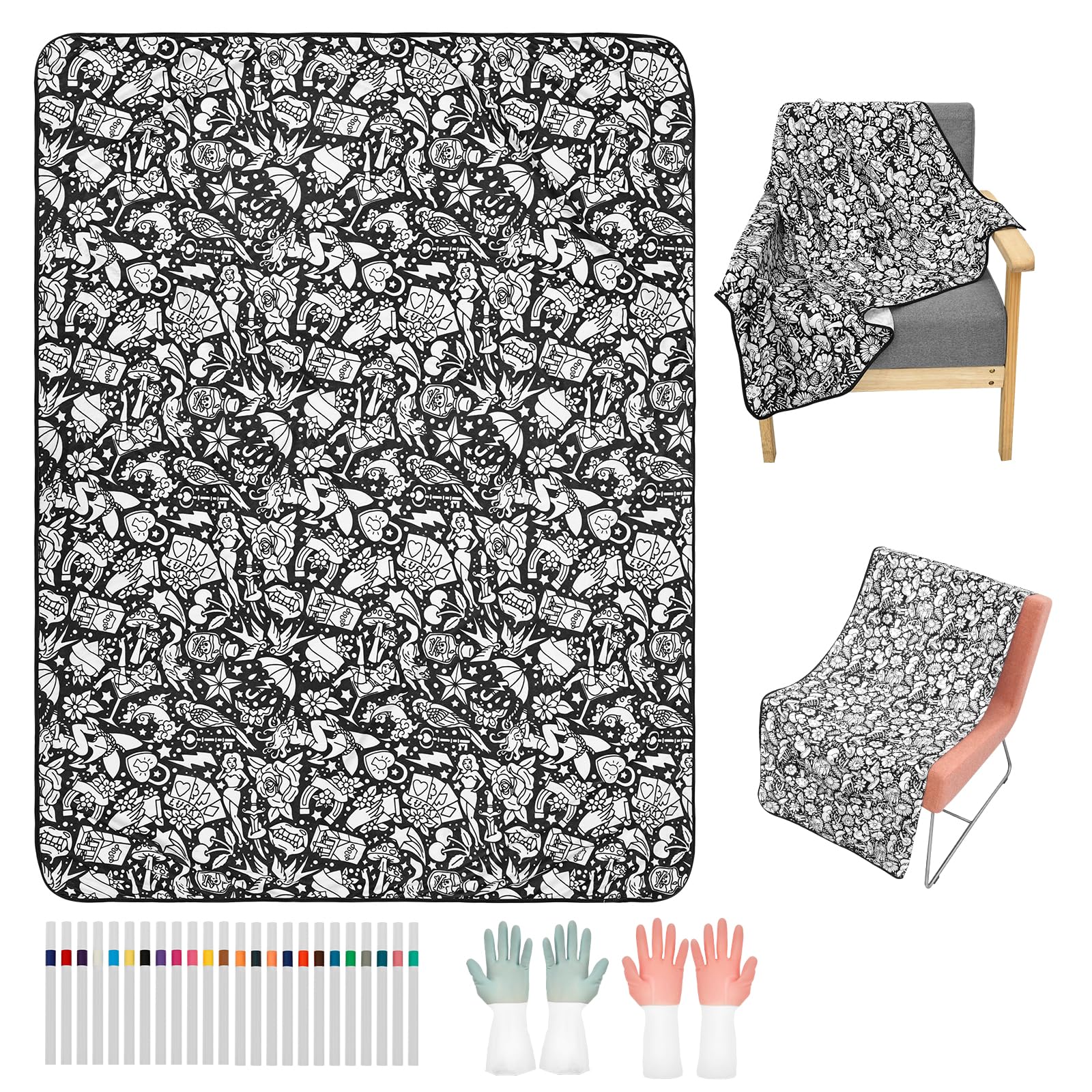 DIY Colouring Blanket Kit, Colour Your Own Velvet Blanket with 24 Fabric Markers & Gloves 150x125cm Soft Plush Colouring Throw Blankets Creative DIY Art Gift for Family Activity, Stress Relief(Flower)