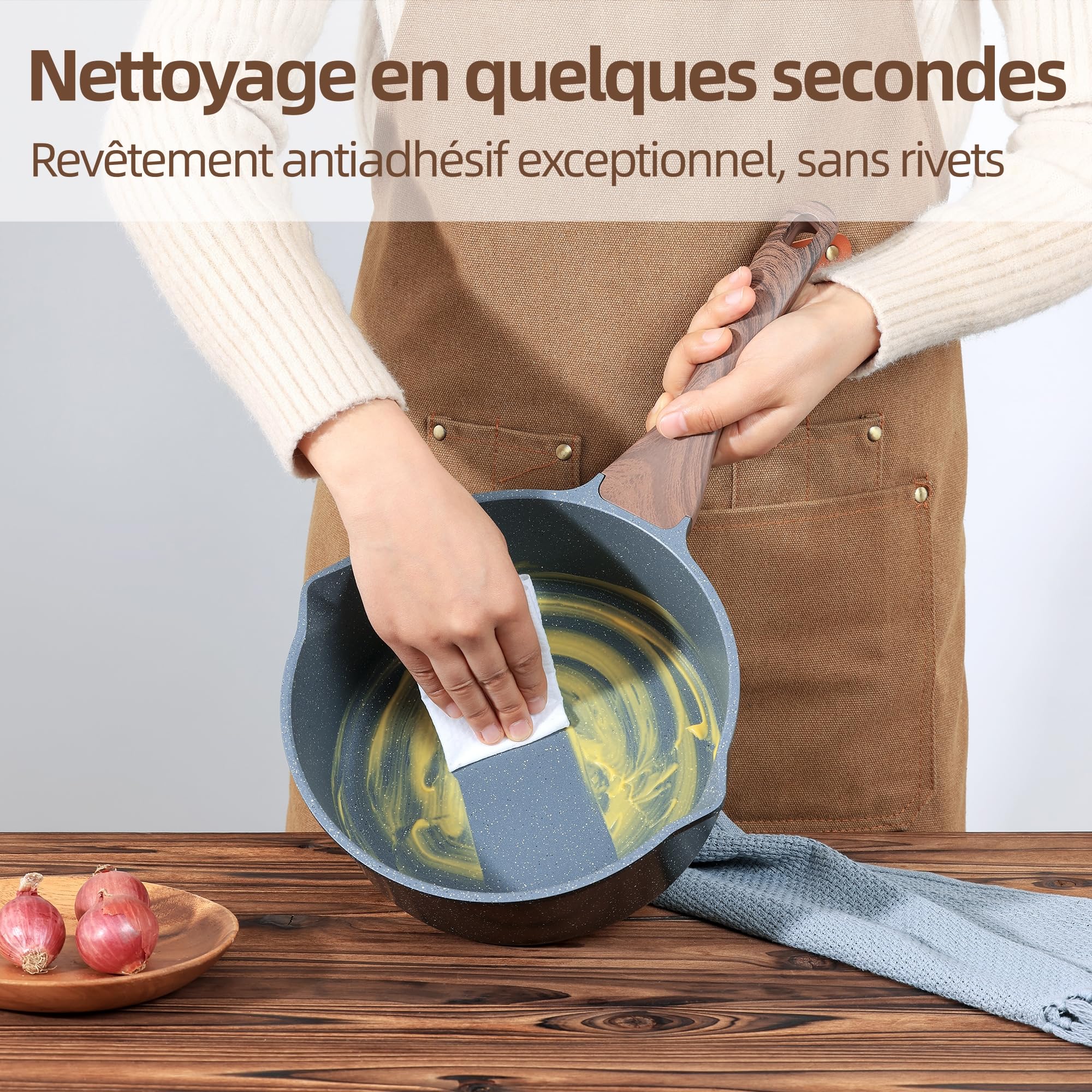 SENSARTE Casserole Induction 22 cm 3L Antiadhésive, Revêtement Granit, Couvercle Verre, 2 Becs Verseurs, Poignée Ergonomique, Compatible Tous Feux et Lave-Vaisselle