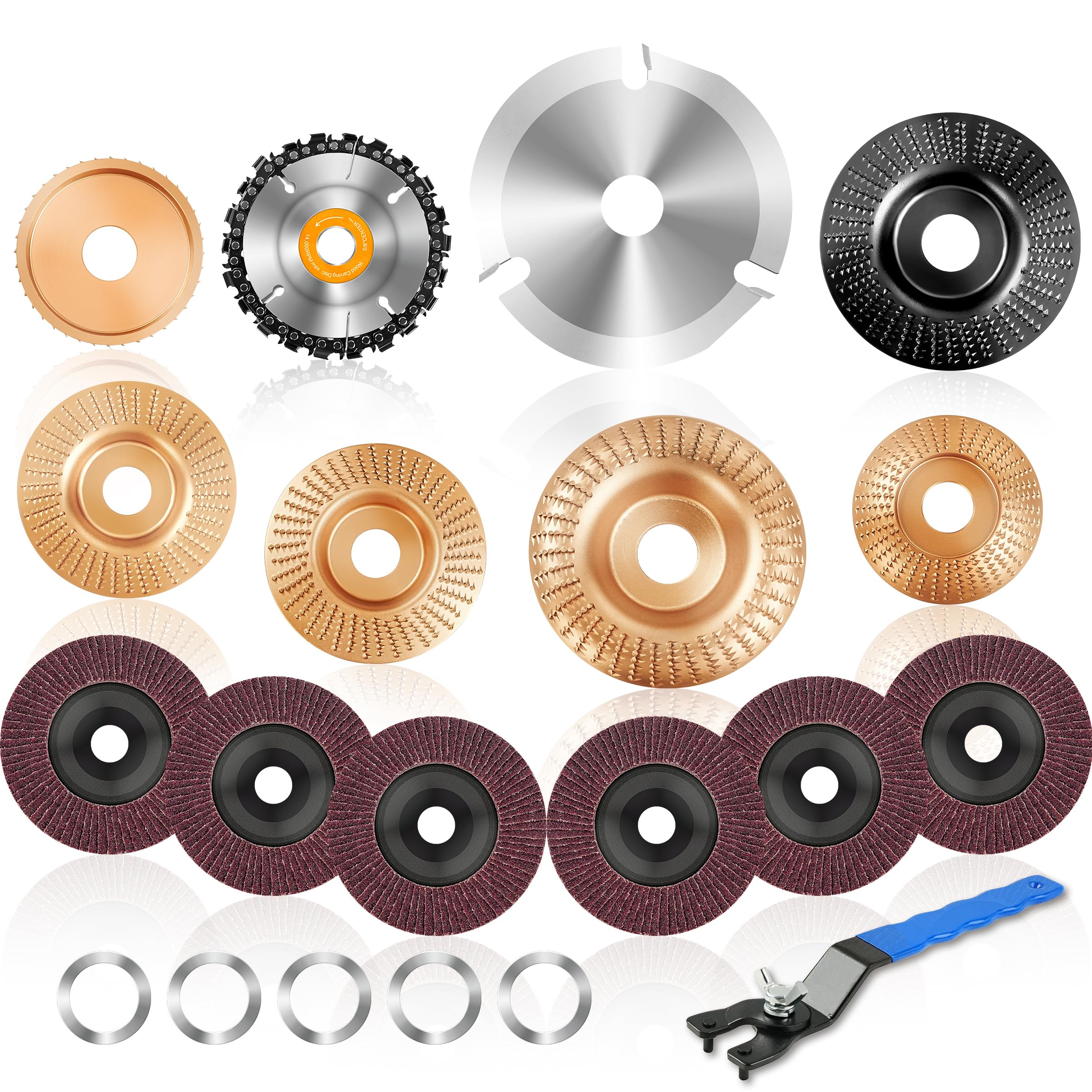 Wood Carving Disc Set, 15 Pcs Wood Grinder Wheel, Grinding Wheels 4 1/2 Inch with 7/8" and 5/8" Arbor, Angle Grinder Attachments, Stump Grinder for