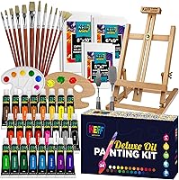 KeffCreations Oil Painting Kit for Adults & Kids: 24 Pigmented Paints, Stretched Canvas, Adjustable Easel, Brushes, Palettes & Knives
