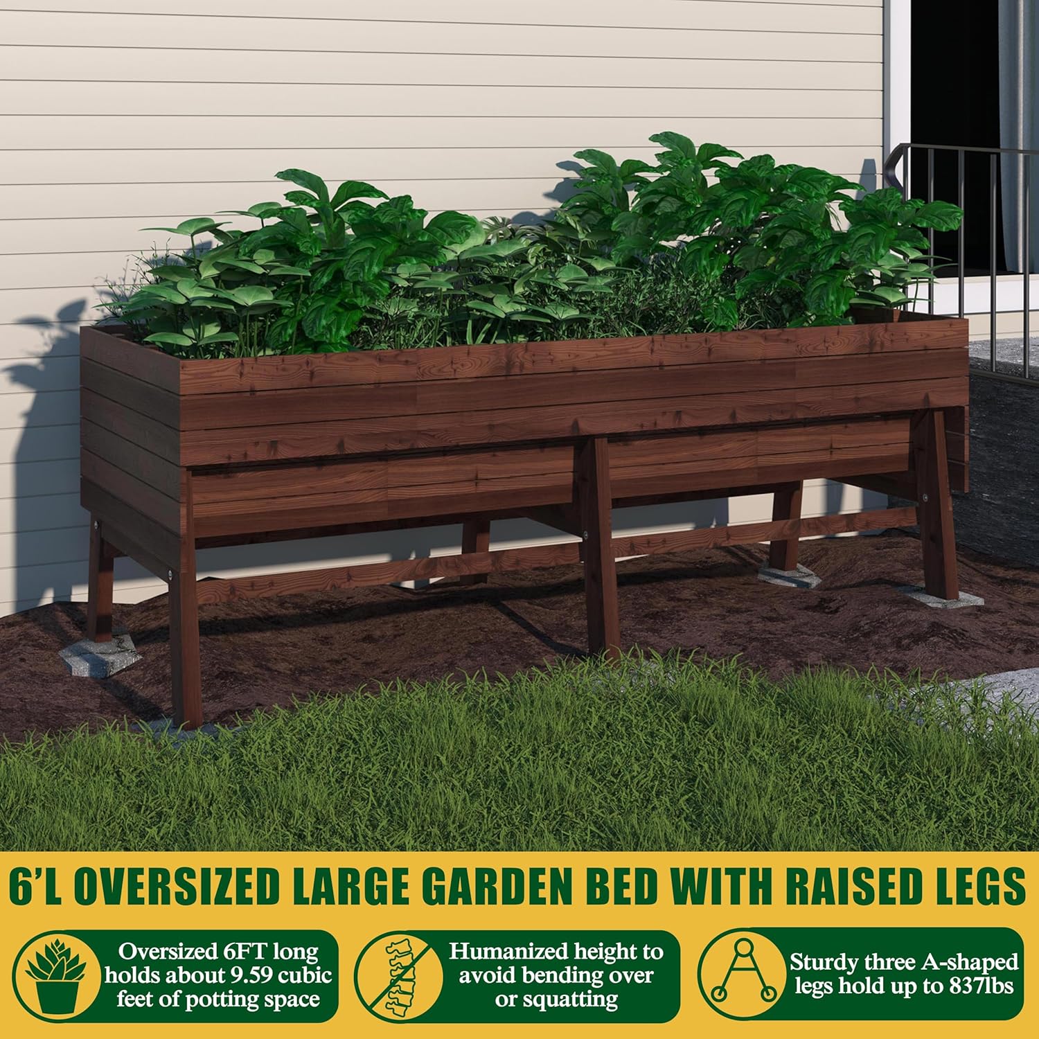 VEIKOU 6x3x2FT Raised Garden Bed, Outdoor Oversize Planter Box with Liner, Cedar Garden Bed with Legs for Vegetables Flower Herb, 837lbs Capacity, Rustic Brown