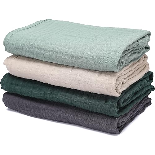 Baby Muslin Swaddle Blankets for Boys and Girls,4-Pack Breathable and Skin-Friendly,Wrap Soft Silky Cotton Muslin Swaddle Blankets/Atrovirens/Green/Apricot White/Grey…
