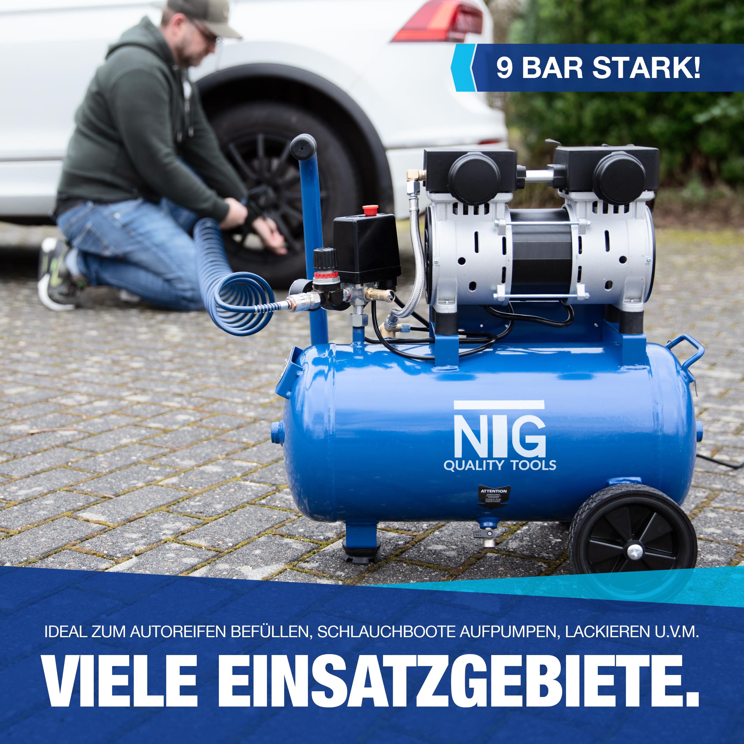 NTG Silent Druckluft Kompressor 1470W Starke Leistung 24 Liter Tank 9 Bar Ölfrei | besonders leise und flexibel einsetzbar mit 2 x Manometer und Druckregler