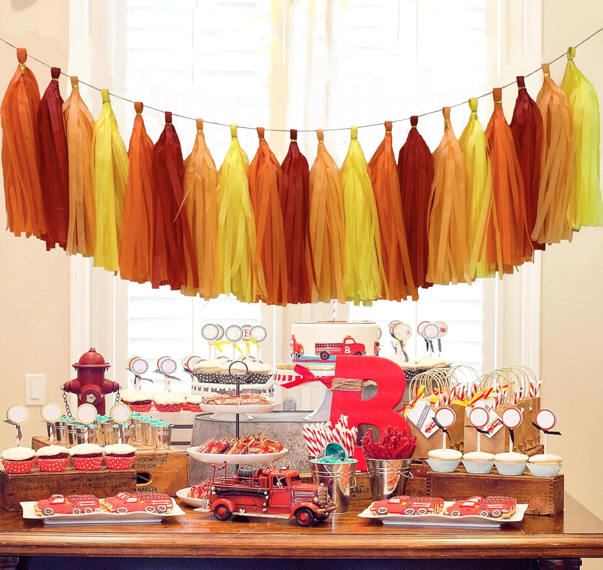 Guirnalda de borlas de papel de seda rojo, naranja y amarillo, pancarta de borla de papel para decoración de fiestas, paquete de 20