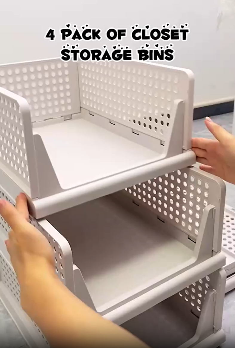 4 Tier Sliding Closet Organizer | Stackable Storage Drawers | Metal Wire Mesh Wardrobe Shelves