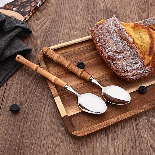 Miniatura 3 de Juego de 8 cucharas de bambú natural, cucharas de acero inoxidable con mango de bambú para el hogar, cocina, restaurante, cucharas pulidas con