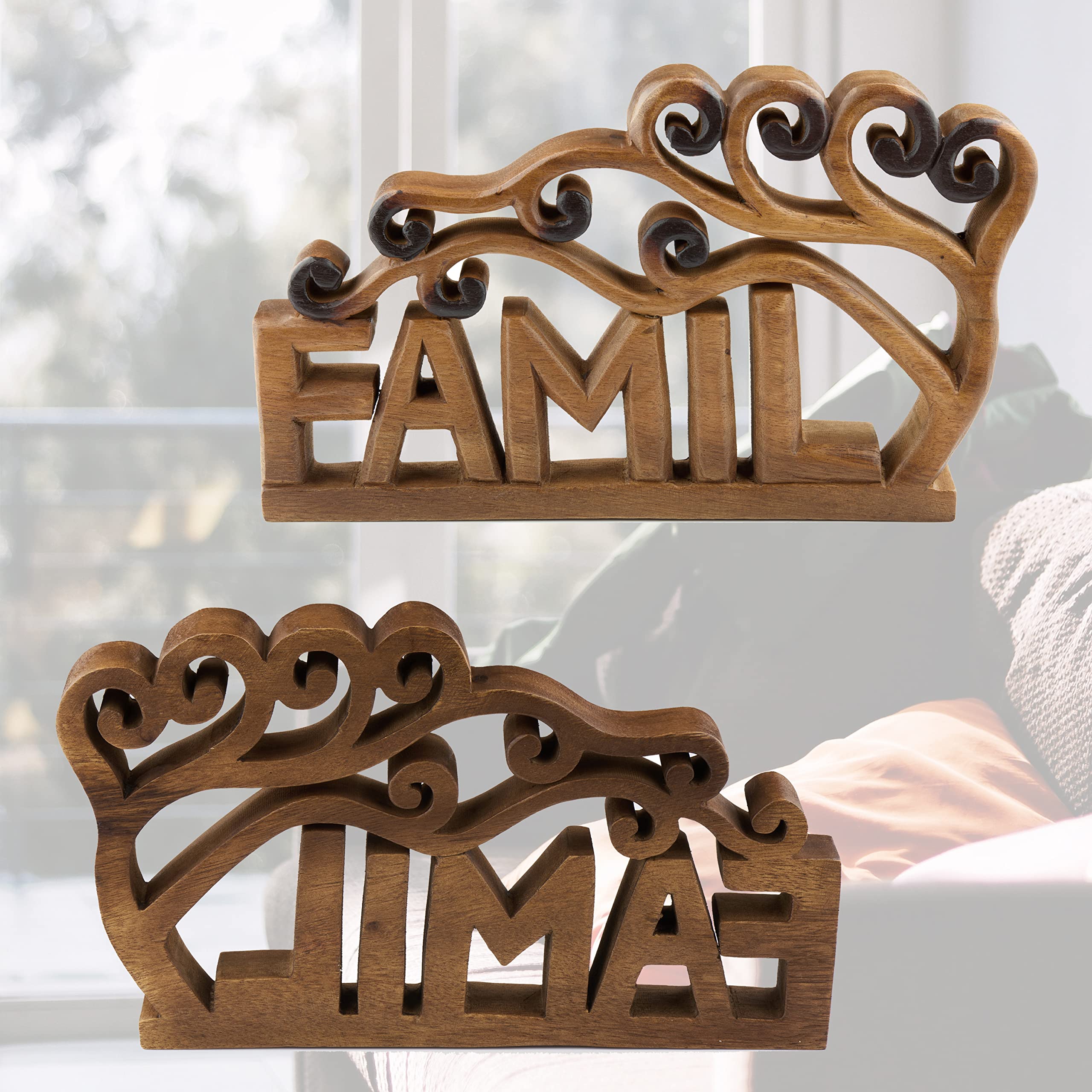 Tapeera Letreros familiares de madera para decoración del hogar, bloque independiente, letras recortadas (familia)