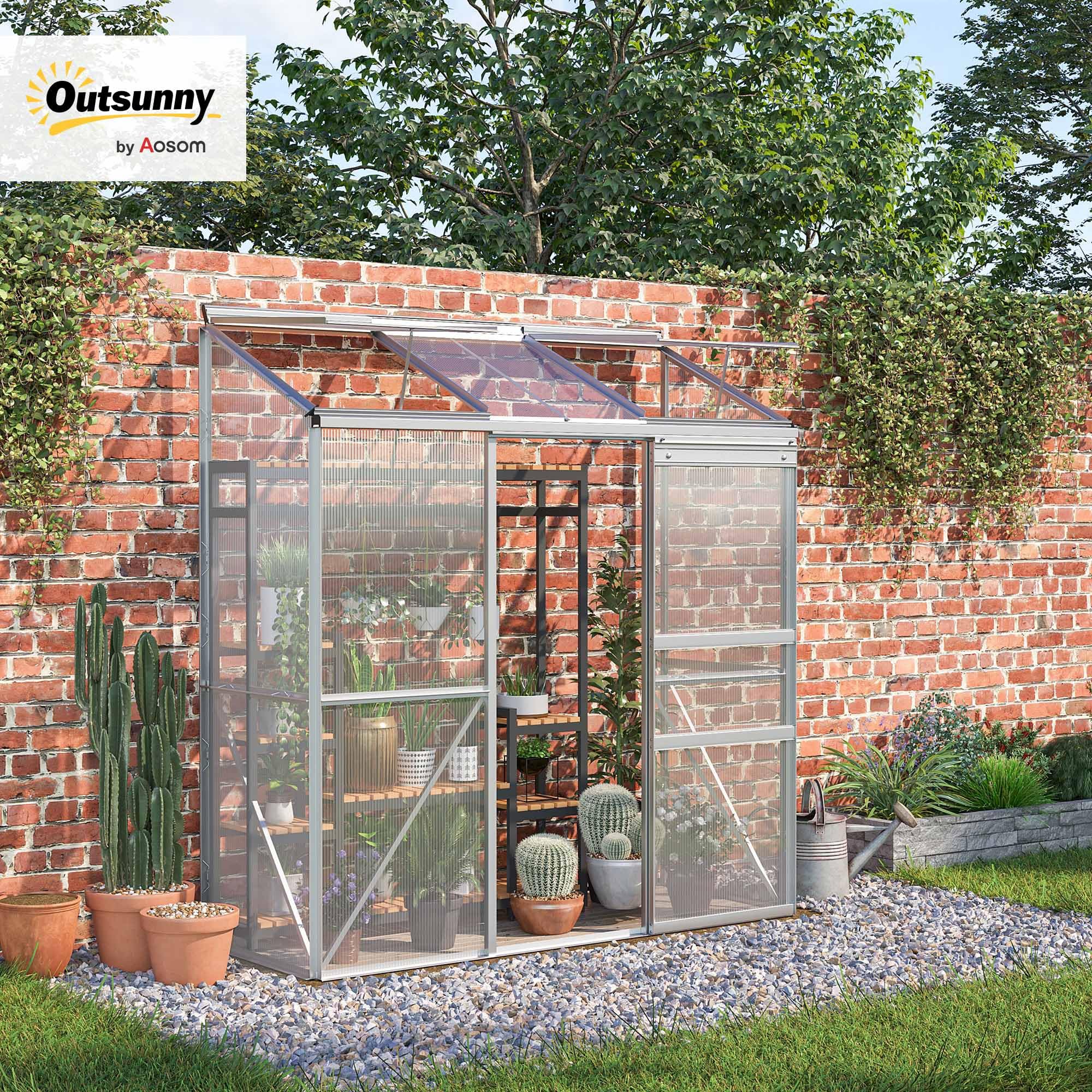 Outsunny Gewächshaus aus Polycarbonat und Alu 192 x 68 x 196 cm Silber | Mit Schiebetür, Aufklappbare Dachfenster, Treibhaus Tomatenhaus Pflanzenhaus für Garten