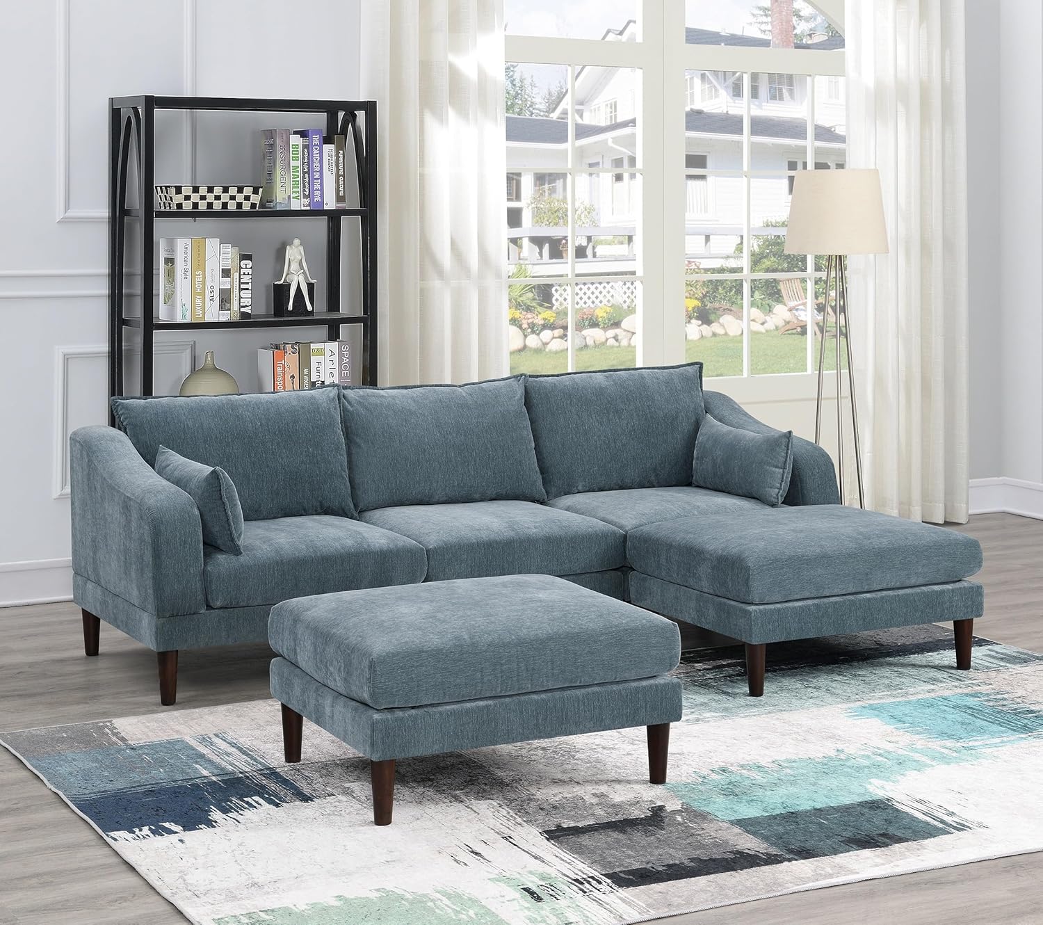 Contemporary 5pcs Modular Sectional Set One Arm Chairs Armless Chair Ottoman L-Shaped Sectional Mineral Morgan Fabric