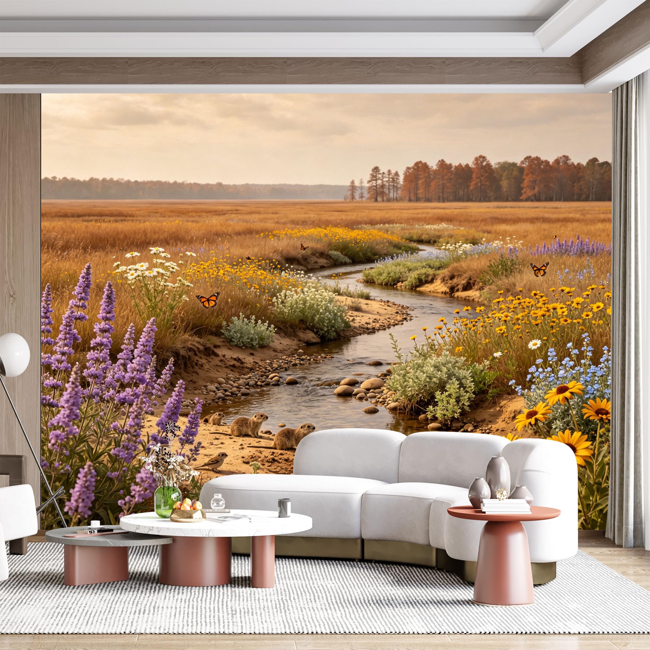 Custom Size Wall Mural Meadow Creek Wildflowers Butterflies Wildlife Pastoral Landscape SelfAdhesive Wall Fabric Removable for Home Office Decor