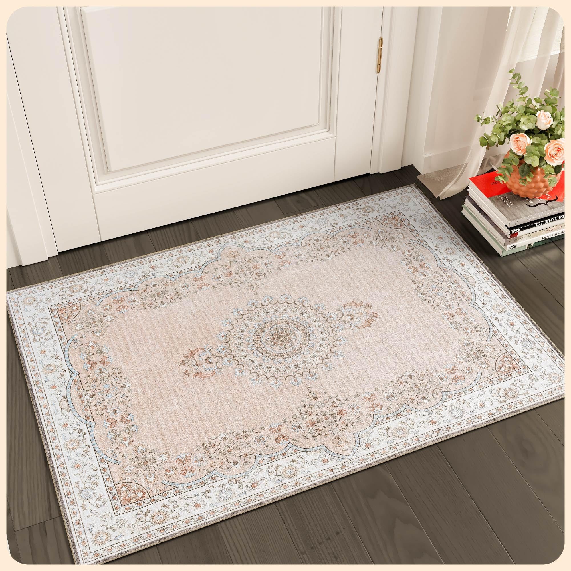 Small Rug 2x3 - Beige Area Rugs - Foldable Washable Rug 2x3 - Non-Shedding Area Carpet for Living Room - Anti-Slip 2 x 3 Rugs for Entryway Indoor - Small Washable Rugs 2x3 w/Soft Microfiber