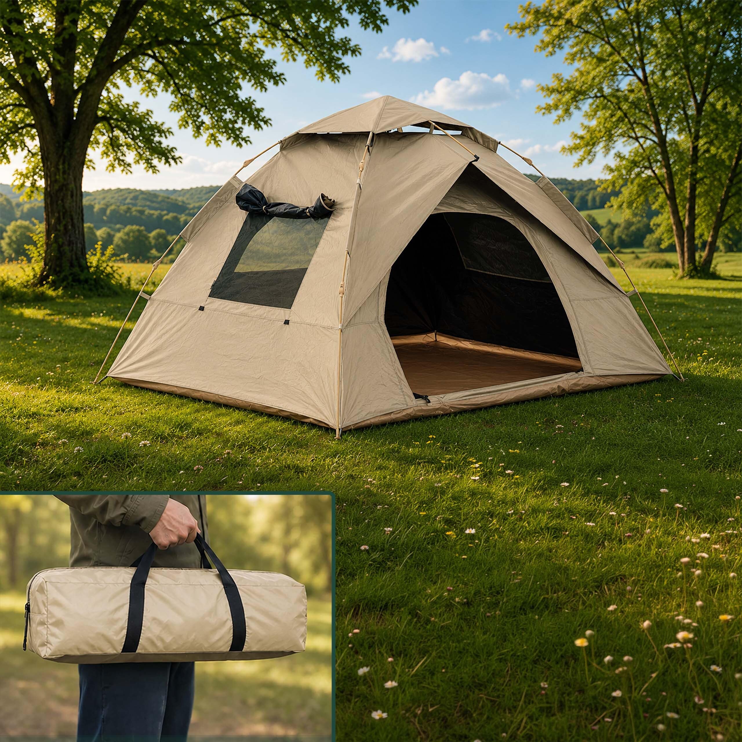 Relaxdays Tienda para 3-4 Personas, Montaje rápido y automático, Beige | protección UV, mosquitera, 145×200×220 cm