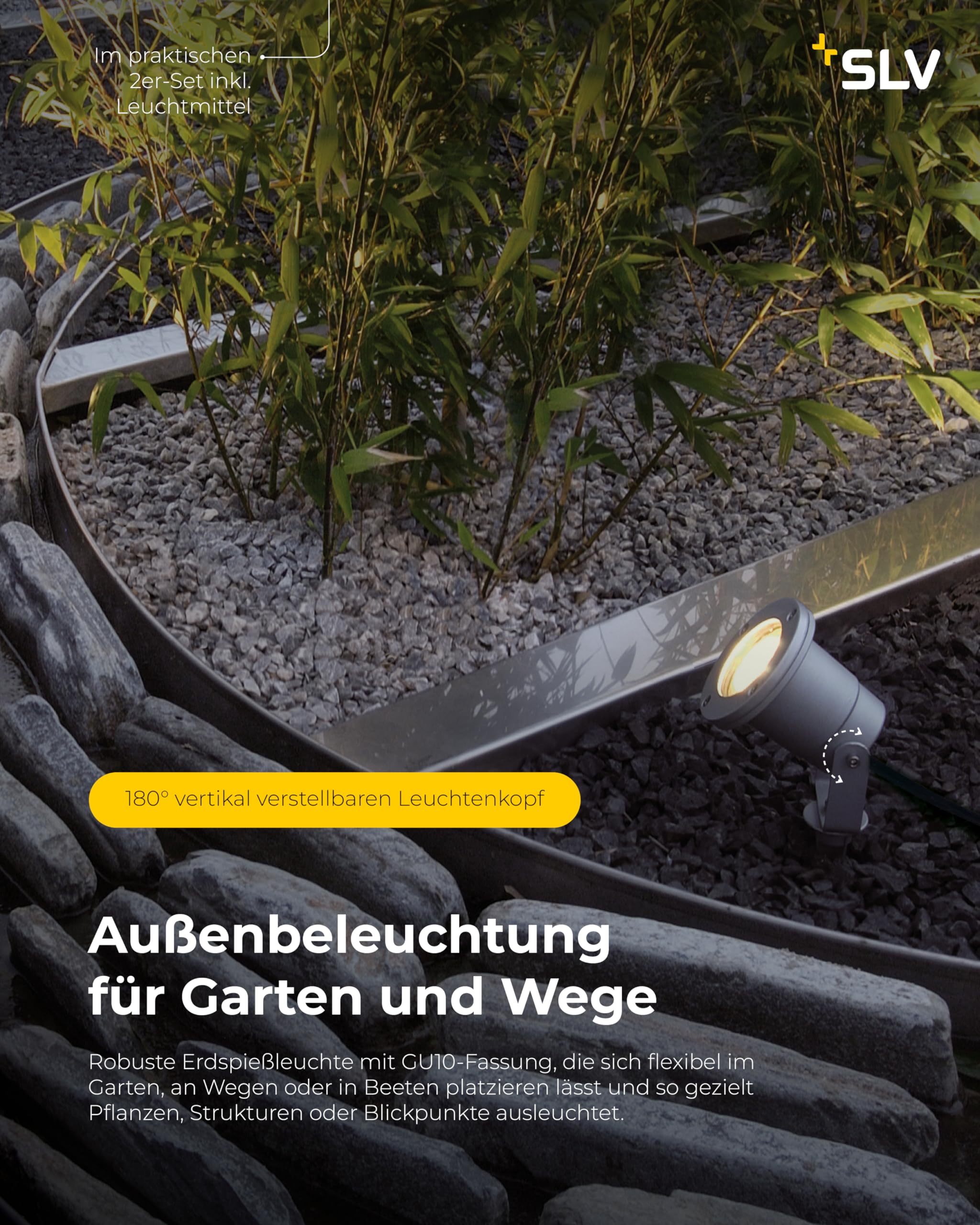 SLV NAUTILUS XL Erdspießleuchte – Außenleuchte für Garten, Terrasse, Wege & Teich | GU10, IP65, 11 W, mit Erdspieß & Stecker | 2er-Set | Grau