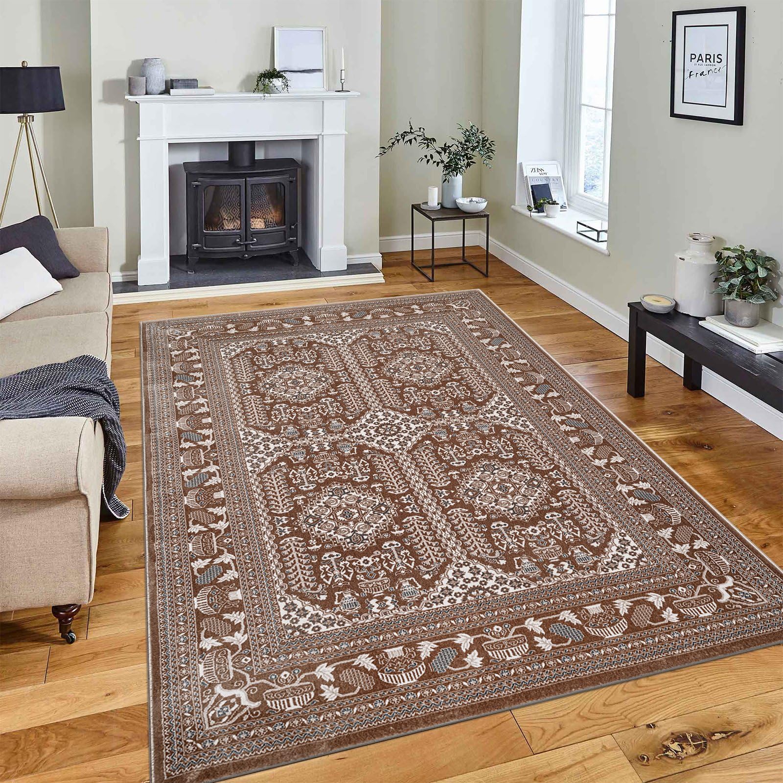 renoazul® Extra Large Rugs With Jute Back, Traditional Rug - Zinat 240 x 320 cm Beige - Washable Carpet For Bedroom, Lounge and Living Room Carpet