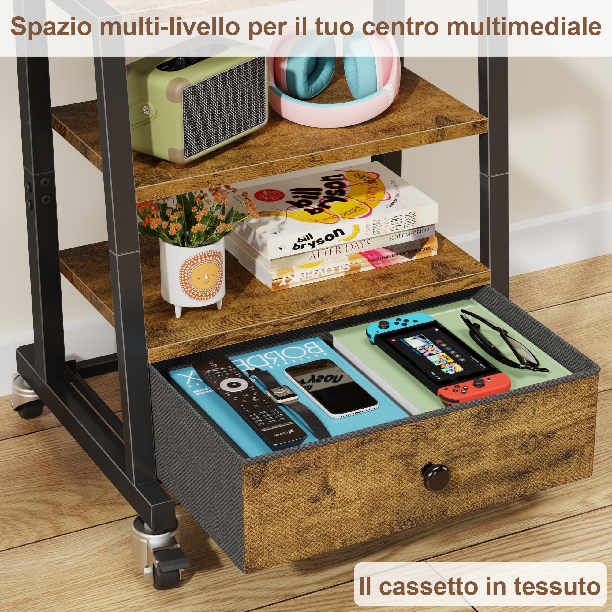 OYRREU Carrello TV con ruote e cassetto in tessuto per TV da 32–55 pollici – Supporto mobile regolabile in altezza per camera da letto, soggiorno o palestra, Marrone Vintage, MAX VESA 400 X 400 MM