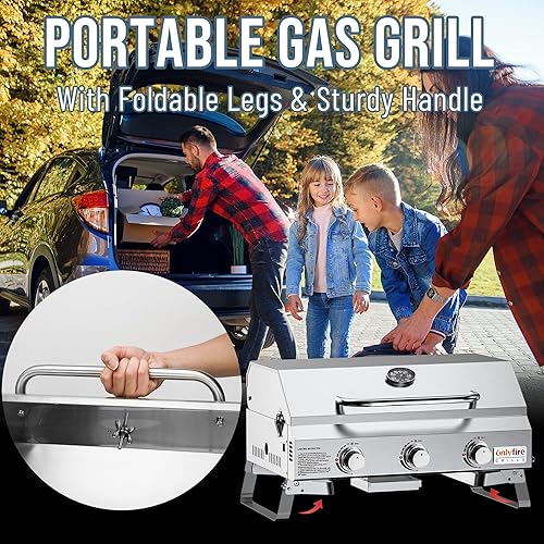 Miniatura 9 de Onlyfire - Parrilla de gas de mesa de 3 quemadores, parrilla de propano portátil de acero inoxidable de 24 pulgadas con patas plegables para patio