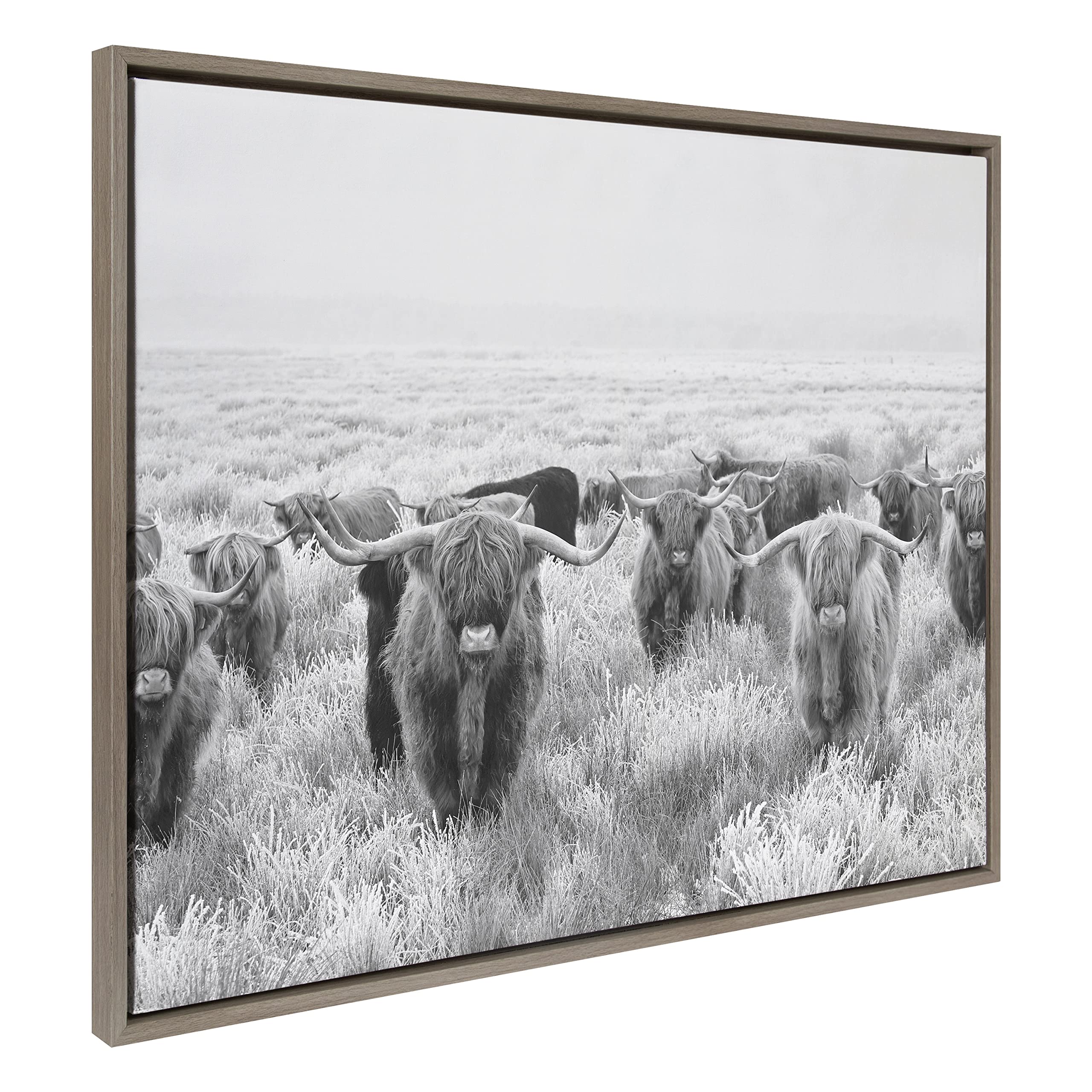Kate and Laurel Sylvie Herd of Highland Cows BW Framed Canvas Wall Art by The Creative Bunch Studio, 31.5x42 Gray, Rustic Animal Wall Art Decor