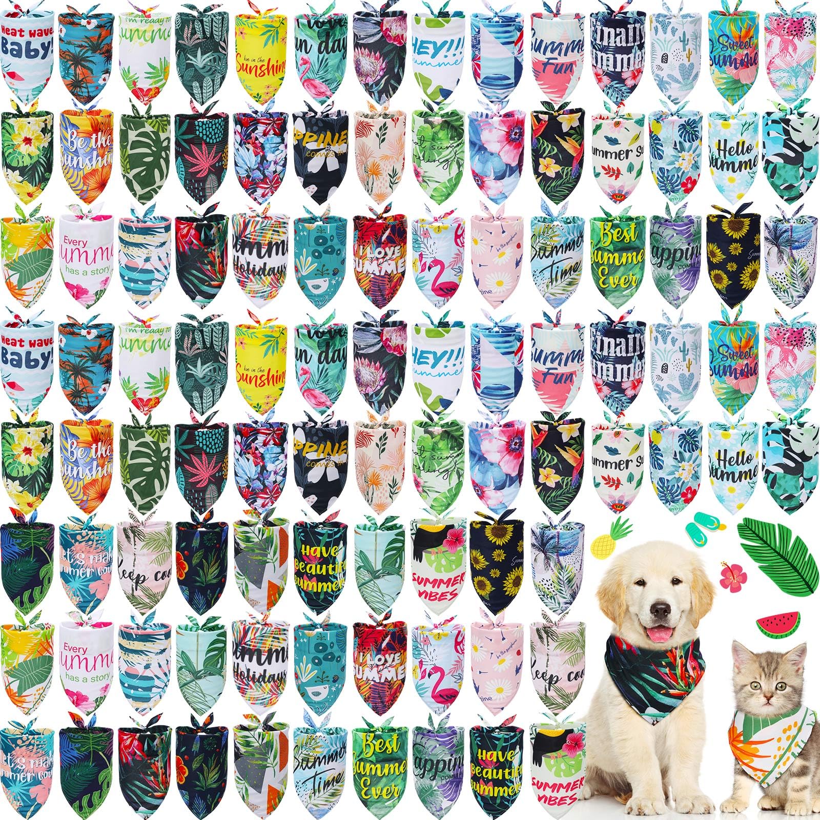 Kacctyen 100 Pcs Dog Bandanas for Summer Bulk Hawaiian Floral Pet Scarf Bibs Adjustable Washable Kerchief Seasonal Pet Costume Accessories Grooming Supplies for Small to Large Cats Dogs