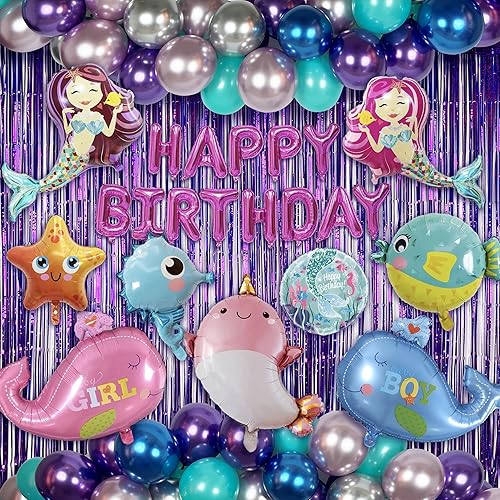 Decoración de fiesta de cumpleaños de sirena para niñas, fiesta temática del mundo marino, globos de cumpleaños de sirenita. 9 enormes globos de